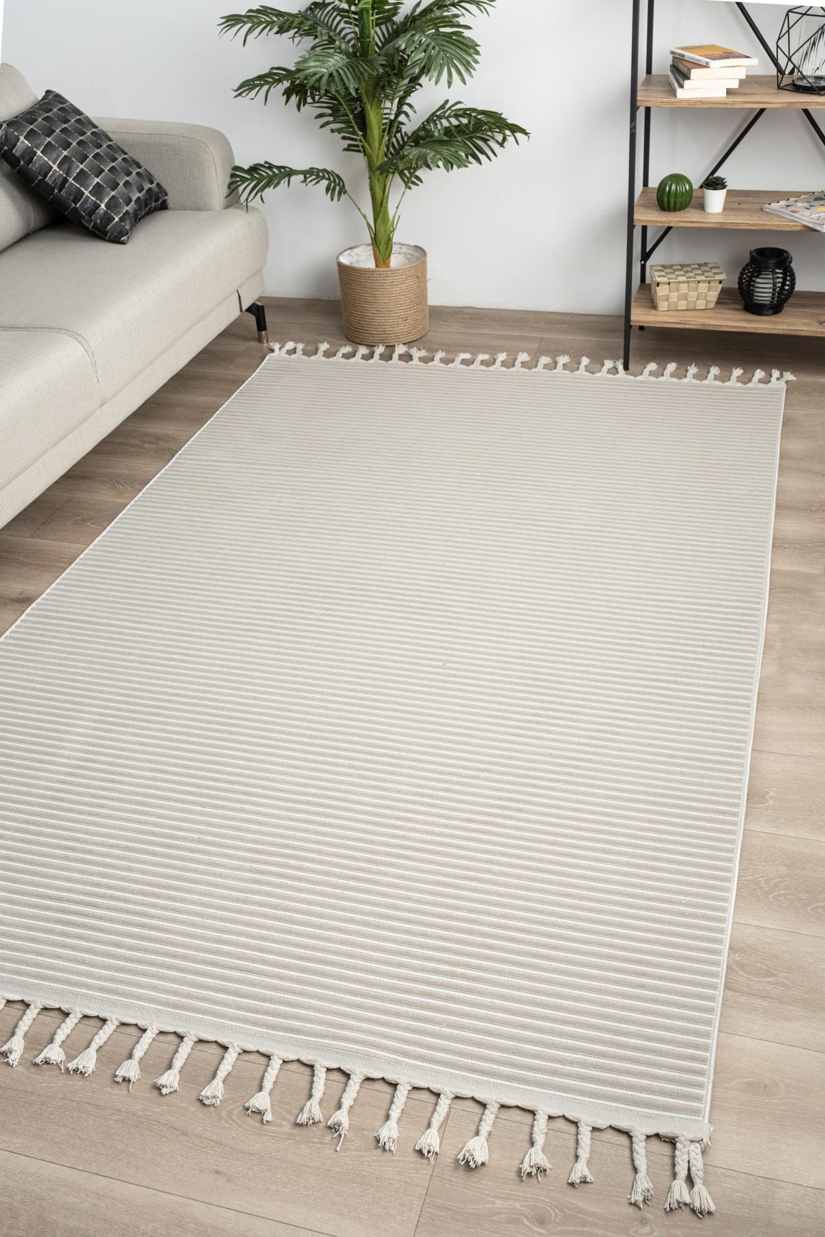 Valery Home 8270B Krem 12 mm Polipropilen Antialerjenik Yıkanabilir İnce Kaymaz Dikdörtgen Makine Dokuma Salon Halısı 80x500 cm