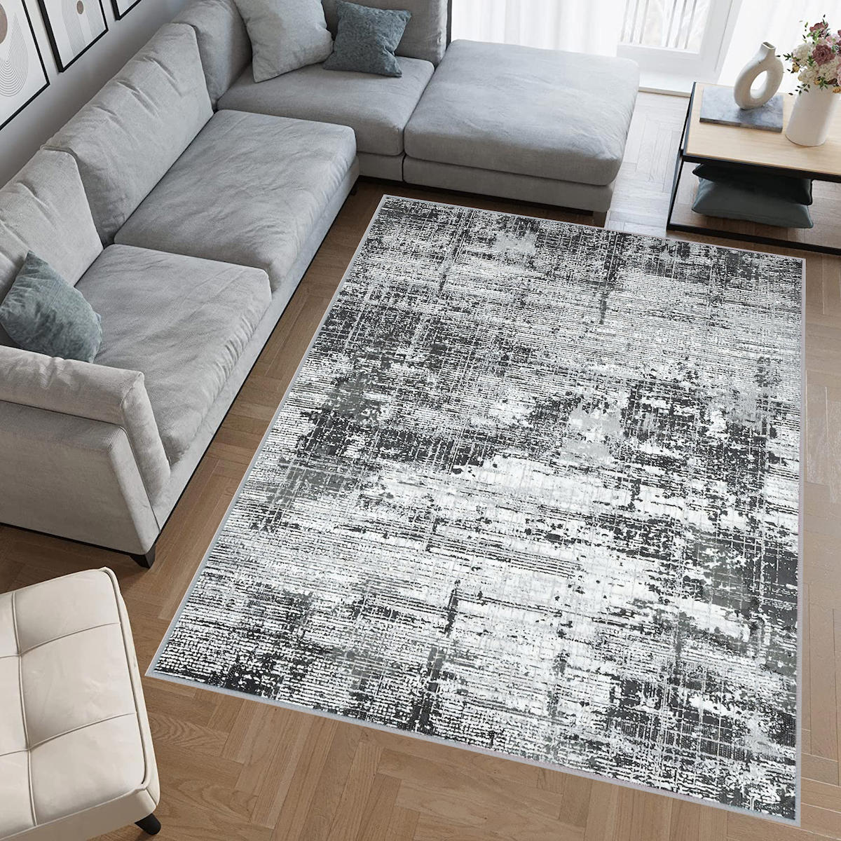 Rovigo Home RVG0702 Gri 8 mm Polyester Antibakteriyel-Leke Tutmaz-Toz Tutmaz Yıkanabilir İnce Kaymaz Dot Taban Dikdörtgen Makine Dokuma Salon Halısı 160x230 cm