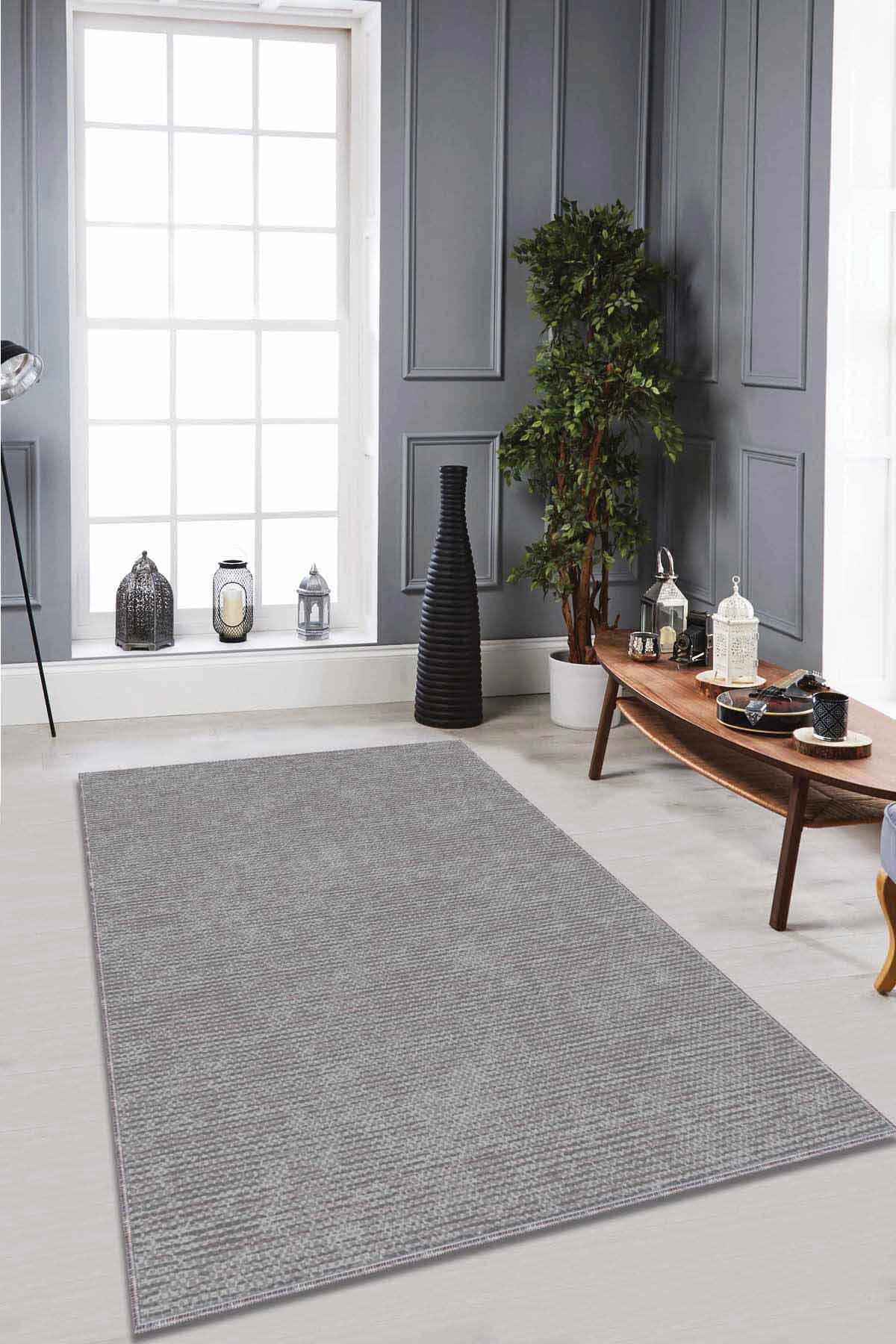 Viva Home RV199 Gri 7 mm Mikropolyester Toz Tutmaz Yıkanabilir İnce Kaymaz Dot Taban Dikdörtgen Makine Dokuma Salon Halısı 70x110 cm