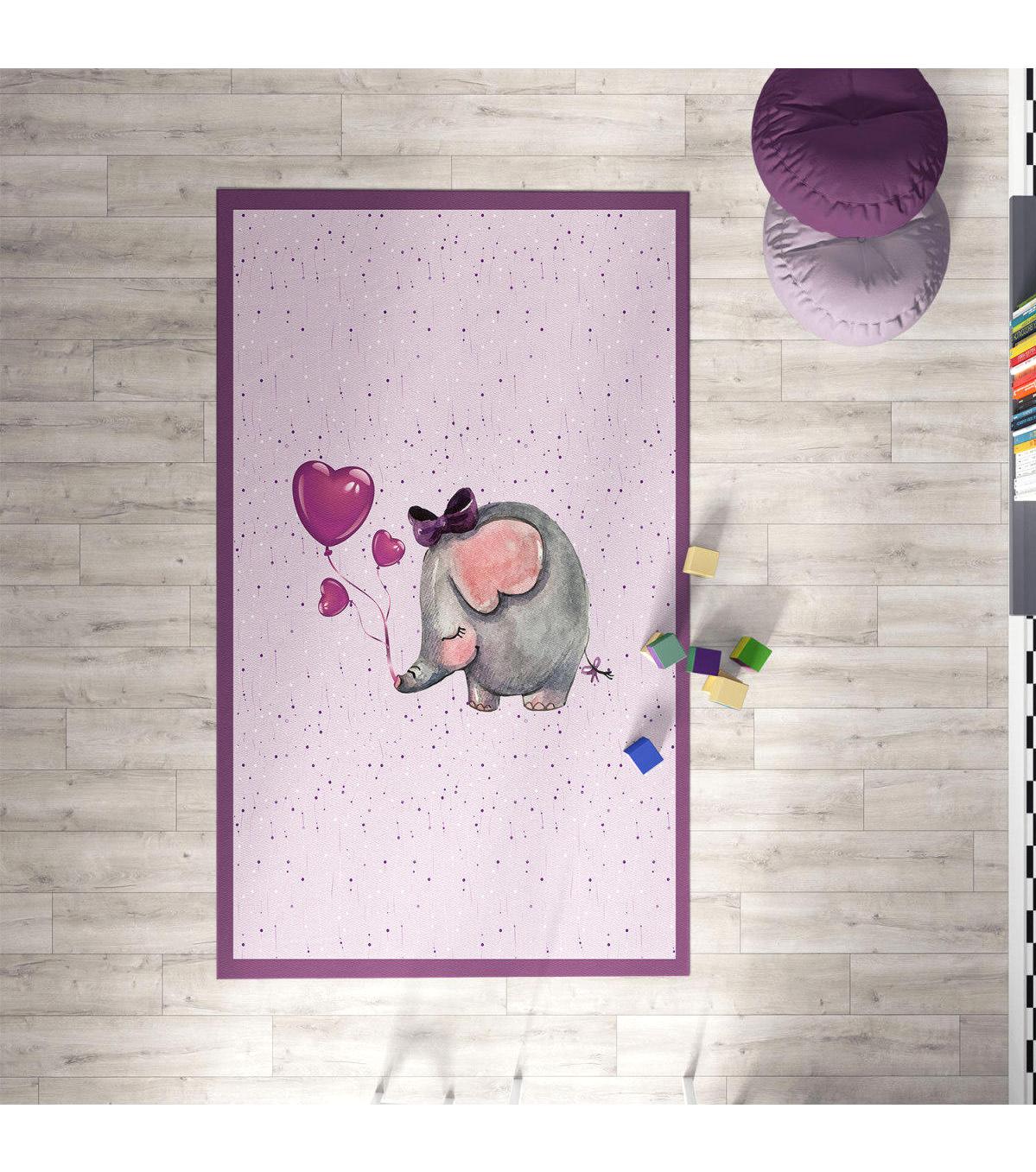 Chiron Baby Ceritti CRTT010 Mor 5 mm Pamuk-Polyester Antialerjenik Yıkanabilir İnce Kaymaz Taban Figürlü Dikdörtgen Makine Dokuma Çocuk Odası Halısı 160x230 cm