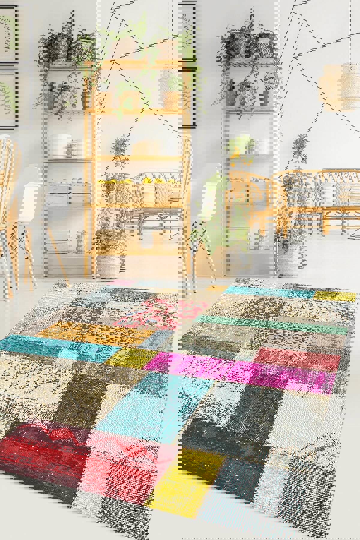 Halı Atölyesi HK003 Çok Renkli 5 mm Pamuk Yıkanabilir Kaymaz Taban Dikdörtgen Makine Dokuma Salon Halısı 160x230 cm