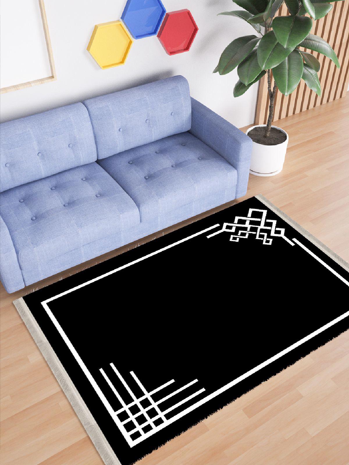 Enbe Collection E-KS3093B Beyaz - Siyah 5 mm Pamuk Silinebilir Yıkanabilir Orta Kaymaz Dot Taban Dikdörtgen Makine Dokuma Oturma Odası Halısı 120x180 cm