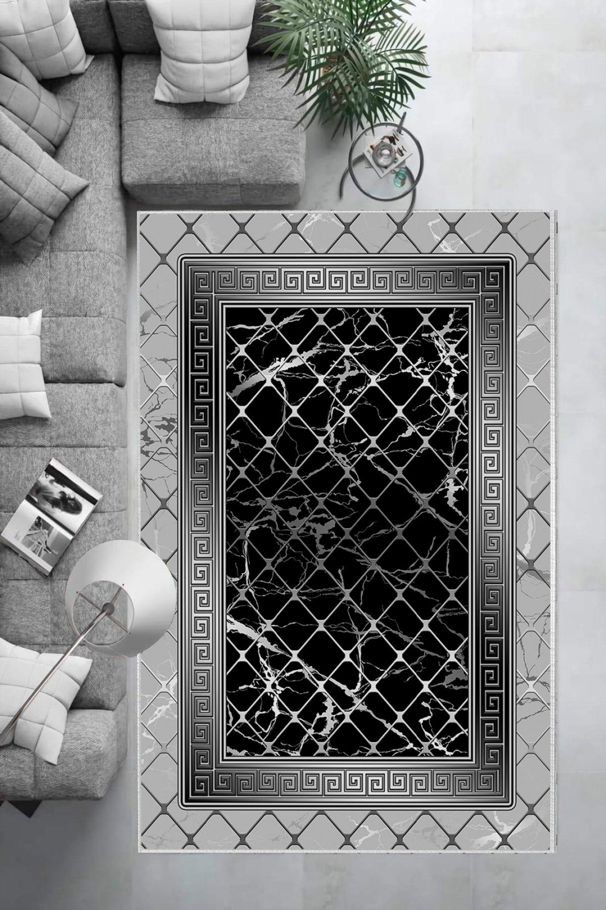 Aldora B1293 Gri-Siyah 9 mm Deri Toz Tutmaz Yıkanabilir İnce Kaymaz Deri Taban Dikdörtgen Makine Dokuma Salon Halısı 120x230 cm