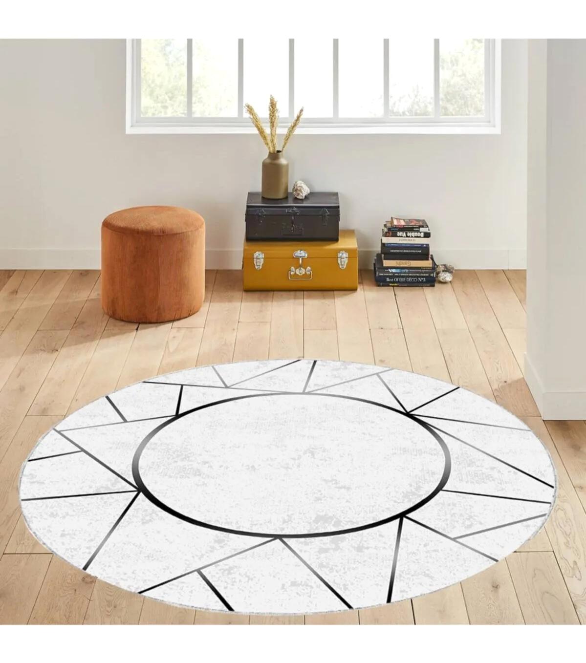 Rovigo Home RVG7002 Gri 8 mm Polyester Leke Tutmaz-Toz Tutmaz Yıkanabilir İnce Kaymaz Dot Taban Yuvarlak Makine Dokuma Salon Halısı 120x180 cm