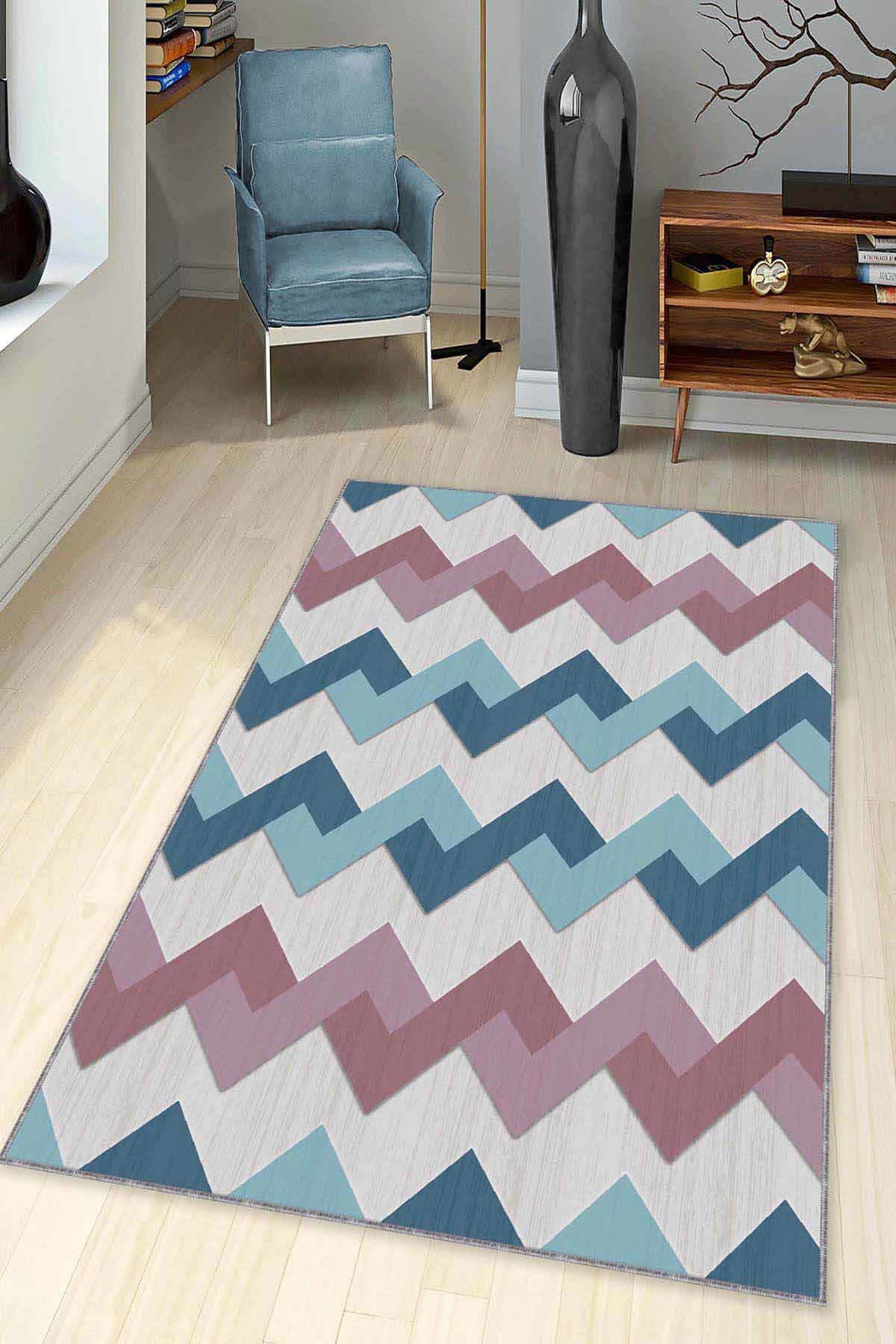Viva Home KN003 Pembe-Turkuaz 7 mm Mikropolyester Leke Tutmaz Yıkanabilir İnce Kaymaz Dot Taban Dikdörtgen Makine Dokuma Salon Halısı 160x230 cm