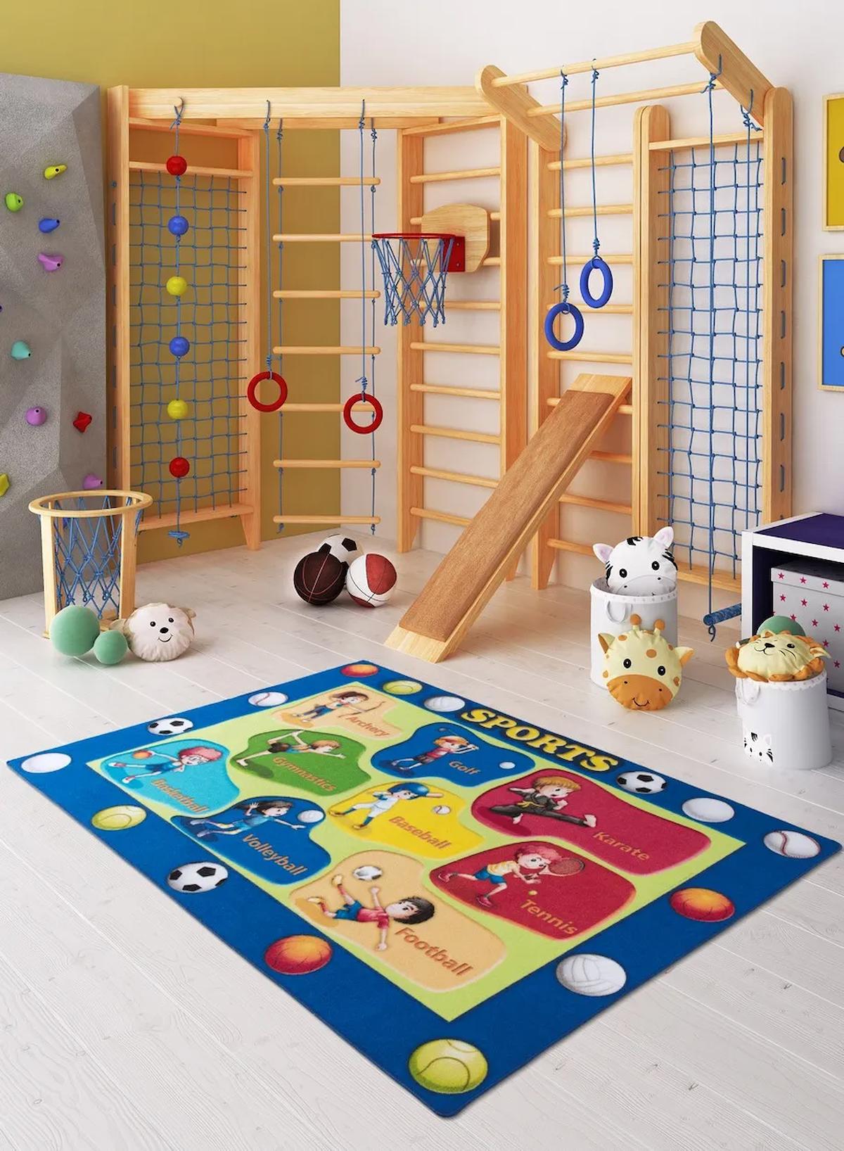 Confetti Sports Mavi 6 mm Hav Tutmaz Yıkanabilir İnce Kaymaz Lateks Taban Dikdörtgen Makine Dokuma Çocuk Odası Halısı 120x200 cm