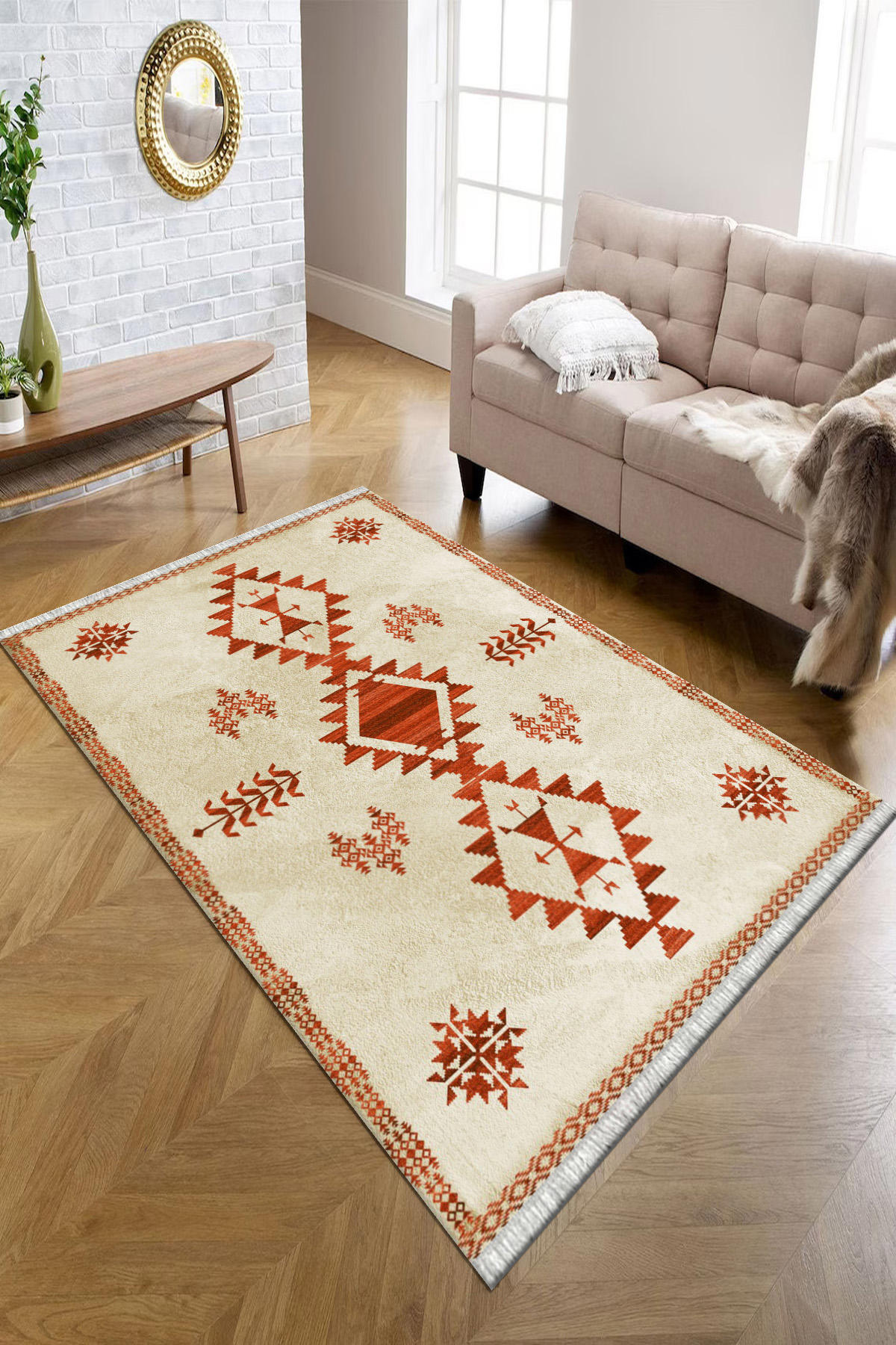 Kreatif Halı Bej - Kiremit 4 mm Polyester Antibakteriyel Yıkanabilir İnce Kaymaz Geometrik Dikdörtgen Makine Dokuma Salon Halısı 80x150 cm