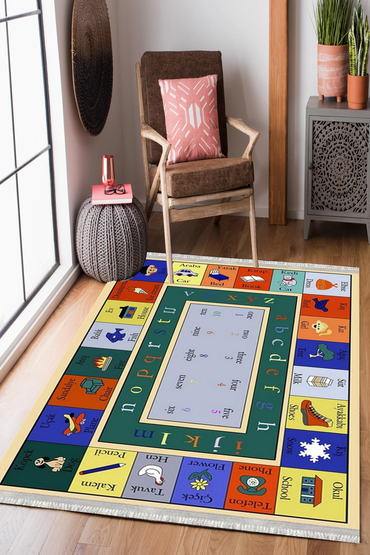 Homier Collection H-CK-10106A Krem 7 mm Pamuk Antibakteriyel Yıkanabilir Orta Kaymaz Dot Taban Dikdörtgen Makine Dokuma Çocuk Odası Halısı 160x230 cm