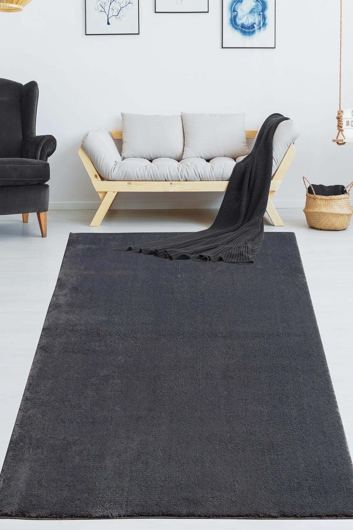 Inter Weaving Antrasit 22 mm Polyester Yumuşak Yıkanabilir Kalın Kaymaz Dikdörtgen Makine Dokuma Salon Halısı 80x150 cm