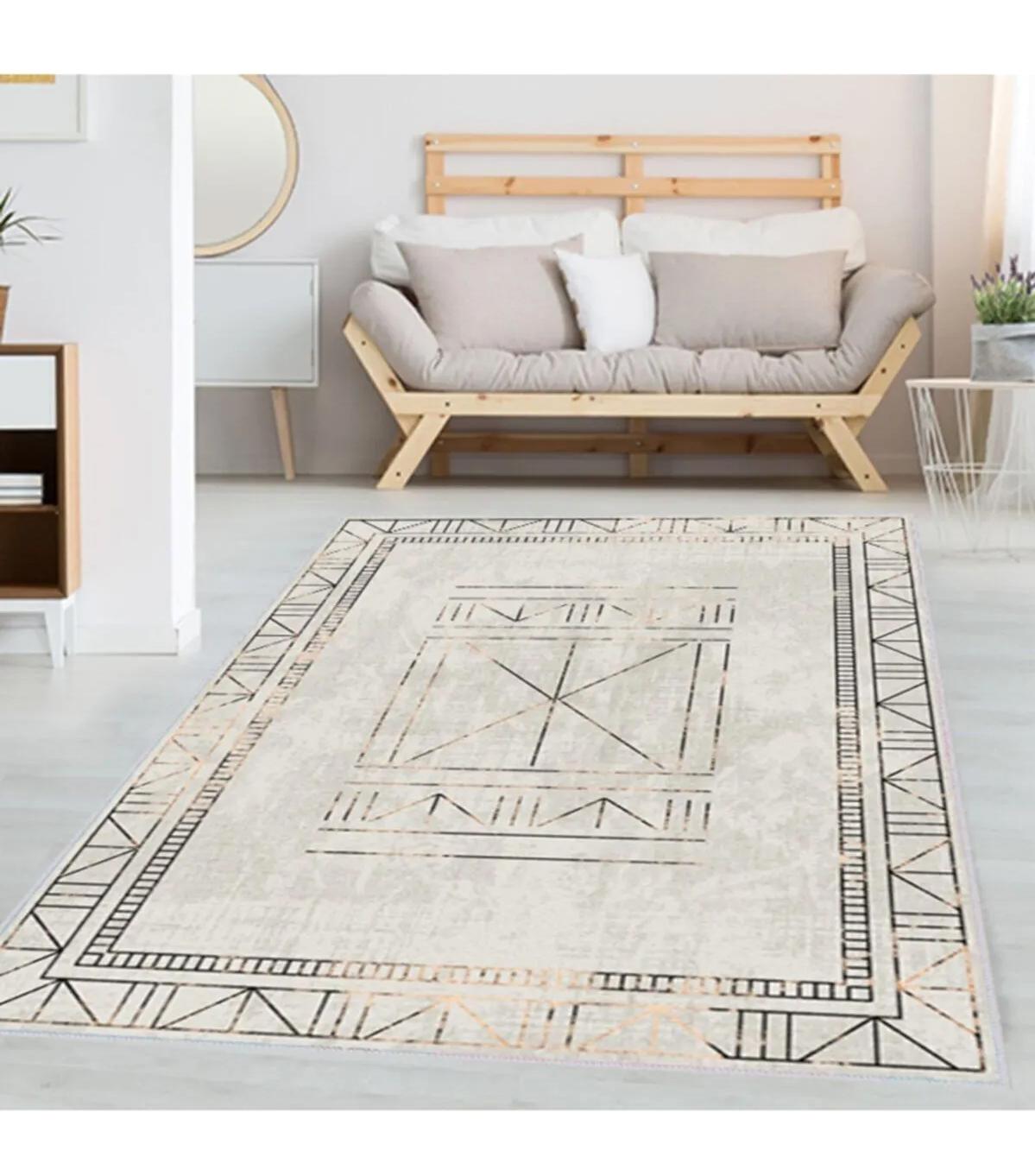 Rovigo Home RVG1367-HT399 Krem 8 mm Polyester Antibakteriyel-Leke Tutmaz-Toz Tutmaz Yıkanabilir İnce Kaymaz Dot Taban Dikdörtgen Makine Dokuma Salon Halısı 80x150 cm