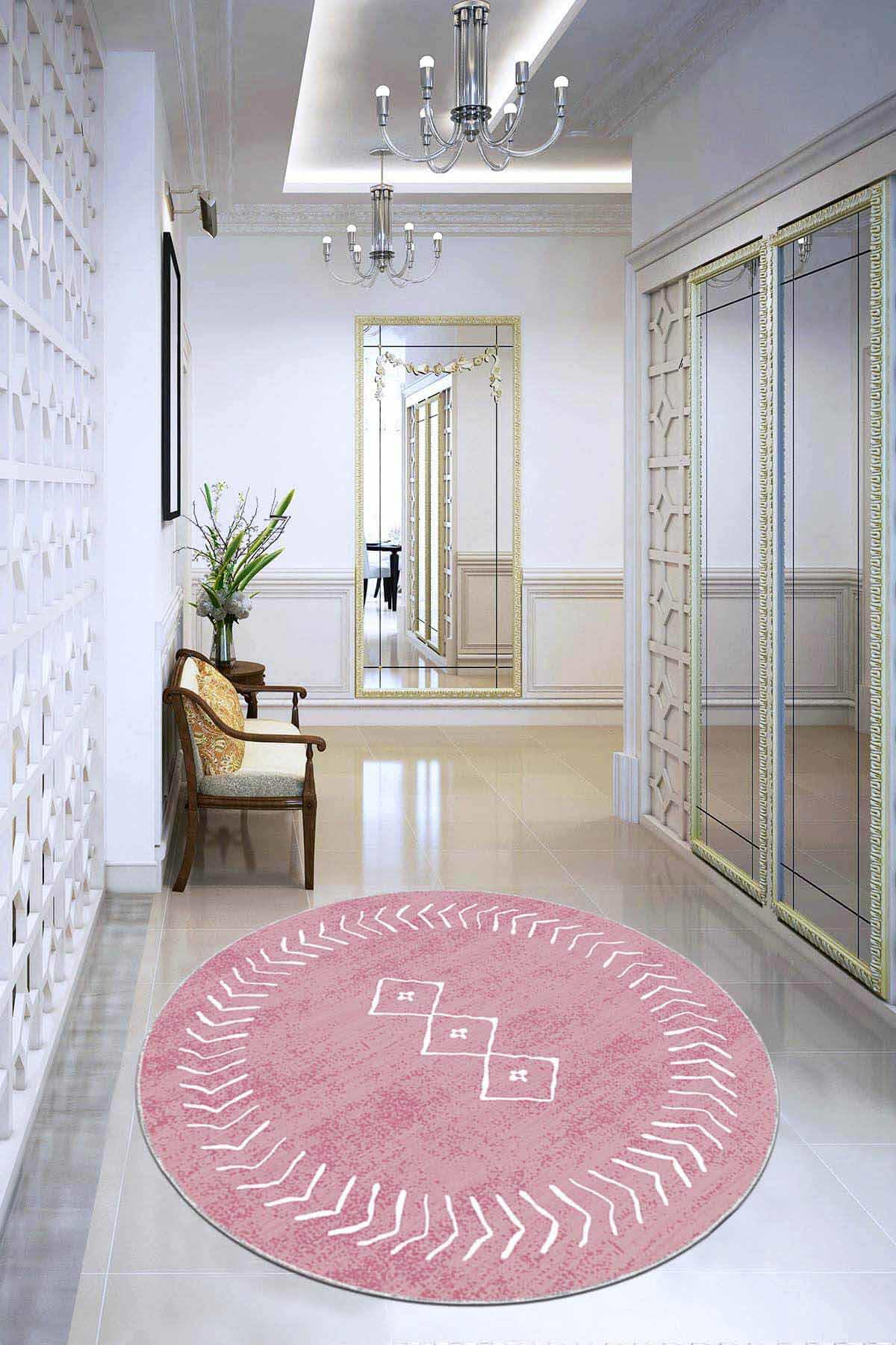 Viva Home AR411 Pembe 7 mm Mikropolyester Leke Tutmaz Yıkanabilir İnce Kaymaz Dot Taban Yuvarlak Makine Dokuma Salon Halısı 120x180 cm