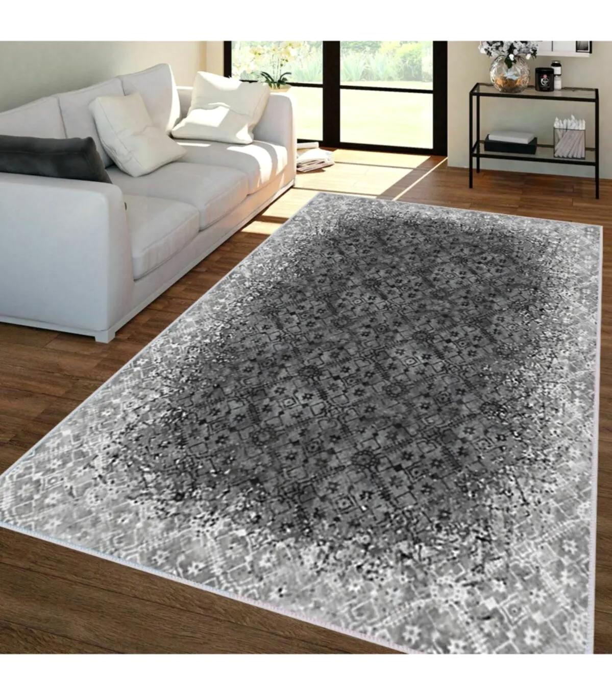 Rovigo Home RVG1344-HT244 Gri 8 mm Polyester Antibakteriyel-Leke Tutmaz-Toz Tutmaz Yıkanabilir İnce Kaymaz Dot Taban Dikdörtgen Makine Dokuma Salon Halısı 40x60 cm