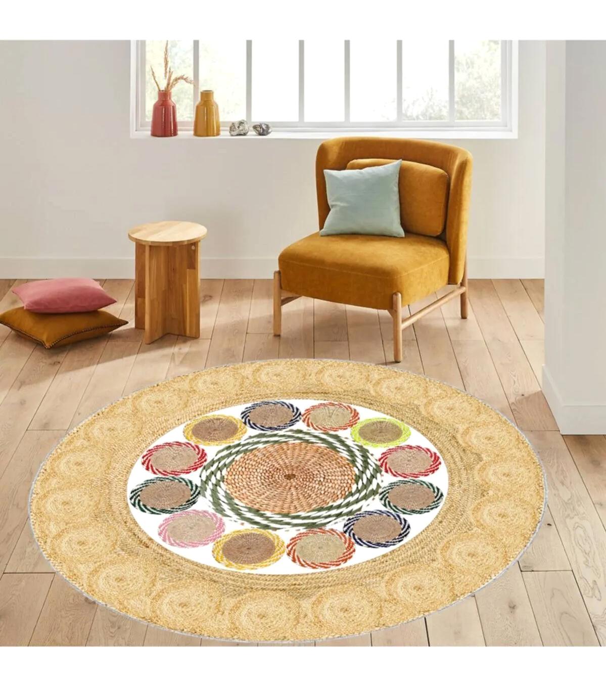 Rovigo Home RVG7064-SD336 Çok Renkli 8 mm Polyester Antibakteriyel-Leke Tutmaz-Toz Tutmaz Yıkanabilir İnce Kaymaz Dot Taban Yuvarlak Makine Dokuma Salon Halısı 80x150 cm