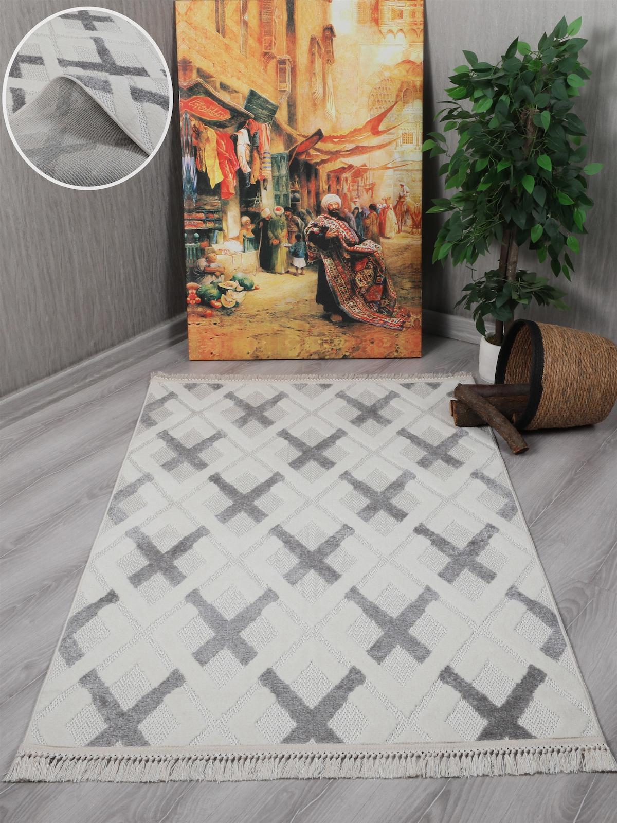 My Evilla Bej-Gri 10 mm Polyester Yıkanabilir İnce Kaymaz Dikdörtgen Makine Dokuma Salon Halısı 140x140 cm