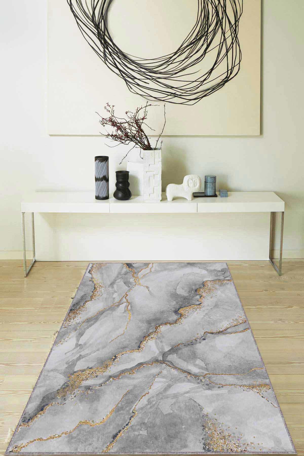 Viva Home RV119 Gri 7 mm Mikropolyester Toz Tutmaz Yıkanabilir İnce Kaymaz Dot Taban Dikdörtgen Makine Dokuma Salon Halısı 100x100 cm
