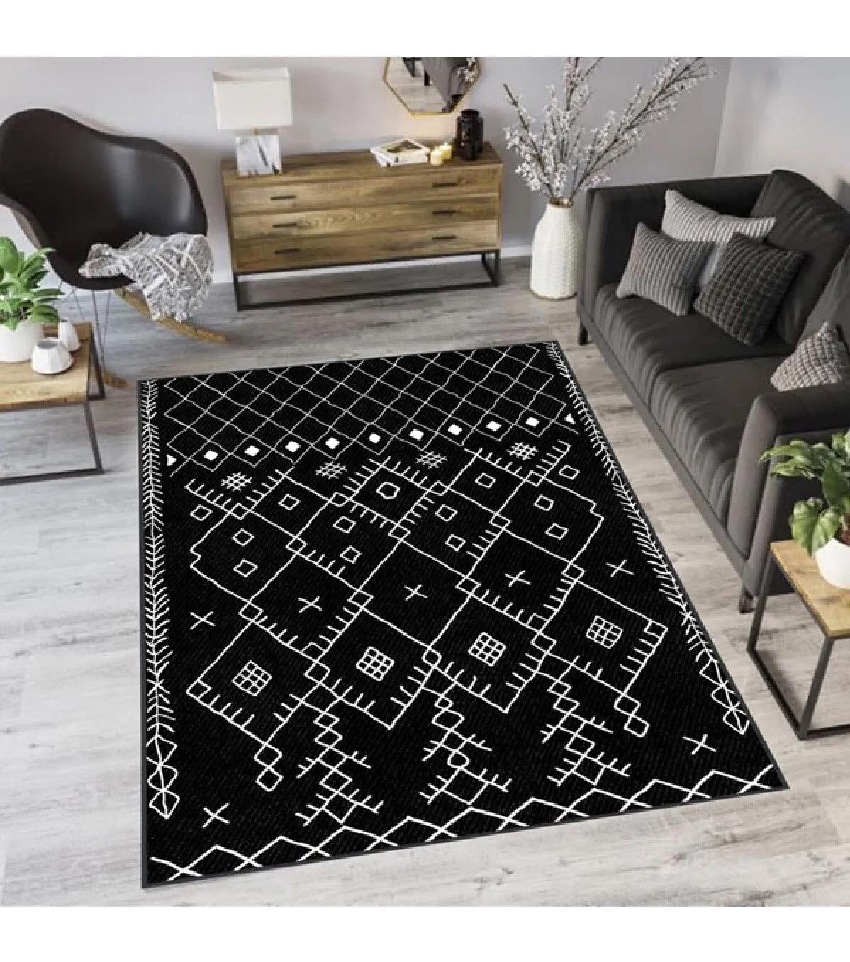 Rovigo Home RVG0073-SD556 Gri-Siyah 8 mm Polyester Yıkanabilir Orta Kaymaz Dot Taban Dikdörtgen Makine Dokuma Salon Halısı 80x150 cm