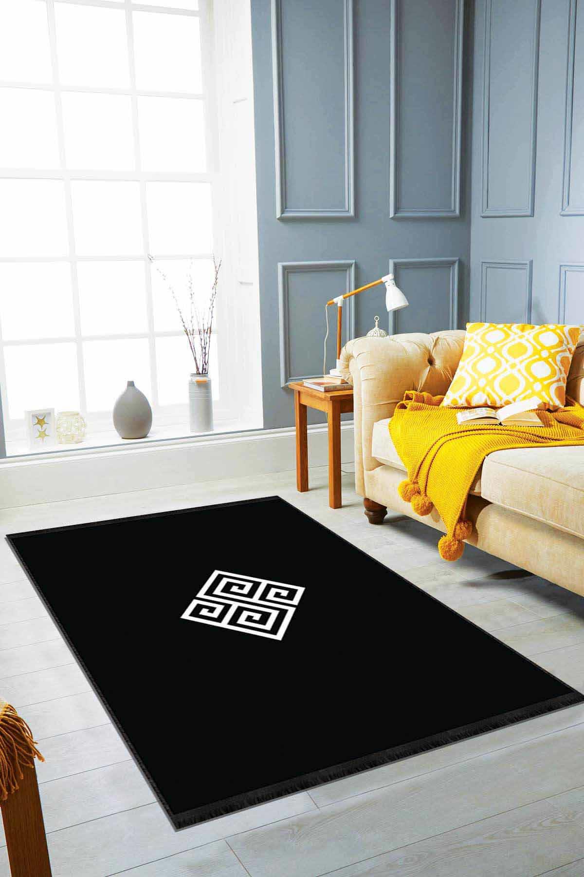 Viva Home AR069 Siyah 7 mm Mikropolyester Antibakteriyel Yıkanabilir İnce Kaymaz Lateks Taban Dikdörtgen Makine Dokuma Salon Halısı 100x300 cm