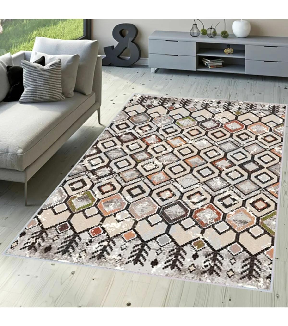 Rovigo Home RVG1524-HT578 Çok Renkli 8 mm Polyester Antibakteriyel-Leke Tutmaz-Toz Tutmaz Yıkanabilir İnce Kaymaz Dot Taban Dikdörtgen Makine Dokuma Salon Halısı 100x200 cm