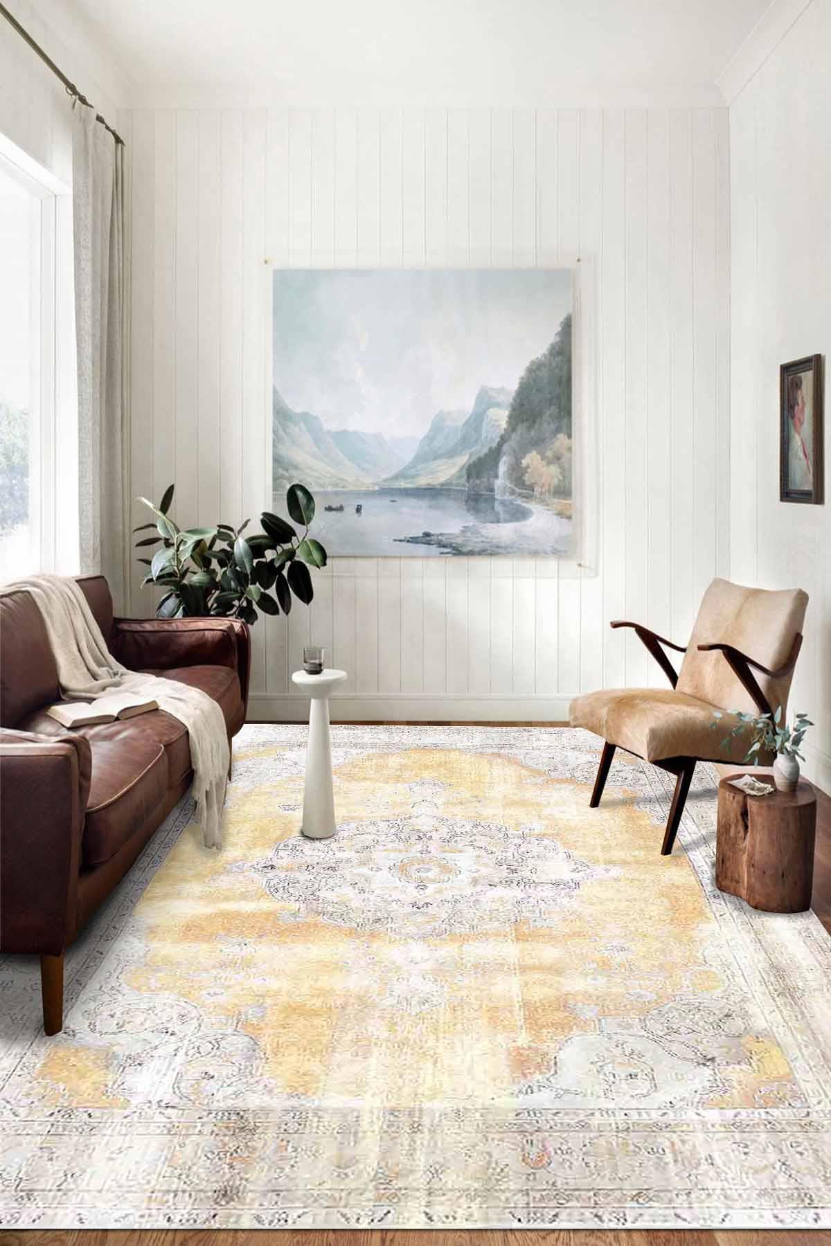 Aida Home Giallastro Krem 0.5 mm Pamuk Antibakteriyel Yıkanabilir Kaymaz Dikdörtgen Makine Dokuma Salon Halısı 200x290 cm