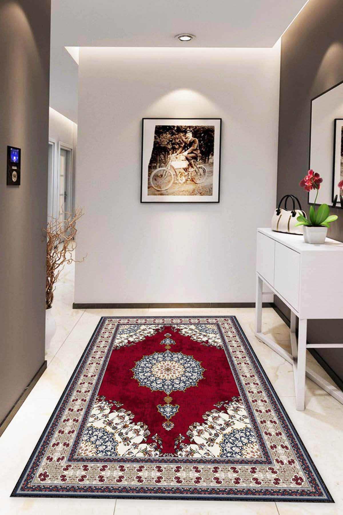Viva Home MK14 Bordo 7 mm Mikropolyester Leke Tutmaz-Toz Tutmaz Yıkanabilir Orta Kaymaz Dot Taban Dikdörtgen Makine Dokuma Salon Halısı 100x200 cm