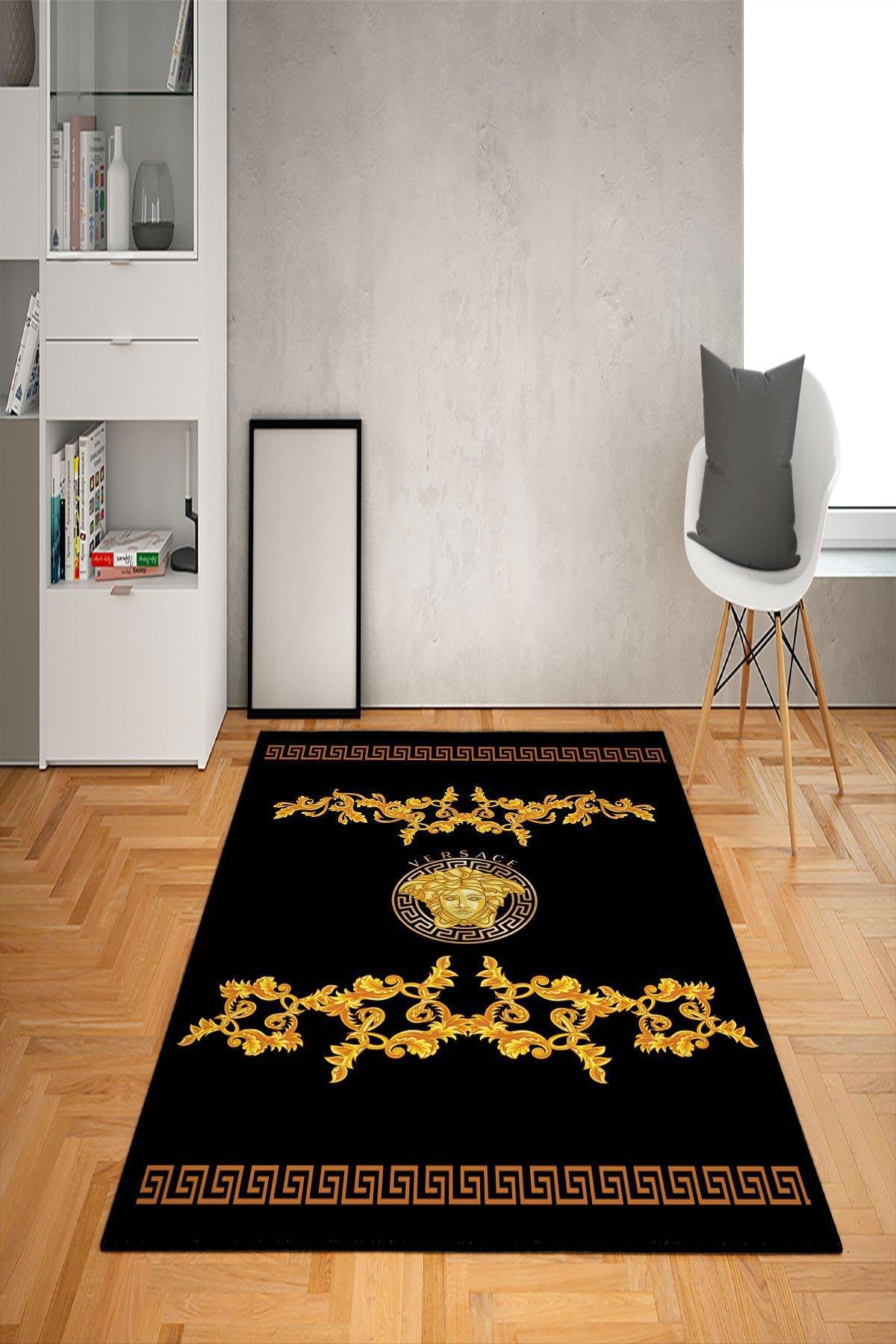 Doruklar Home Collection Altın-Siyah 0.7 mm Antibakteriyel Yıkanabilir Kalın Kaymaz Taban Dikdörtgen Makine Dokuma Çocuk Odası Halısı 120x200 cm