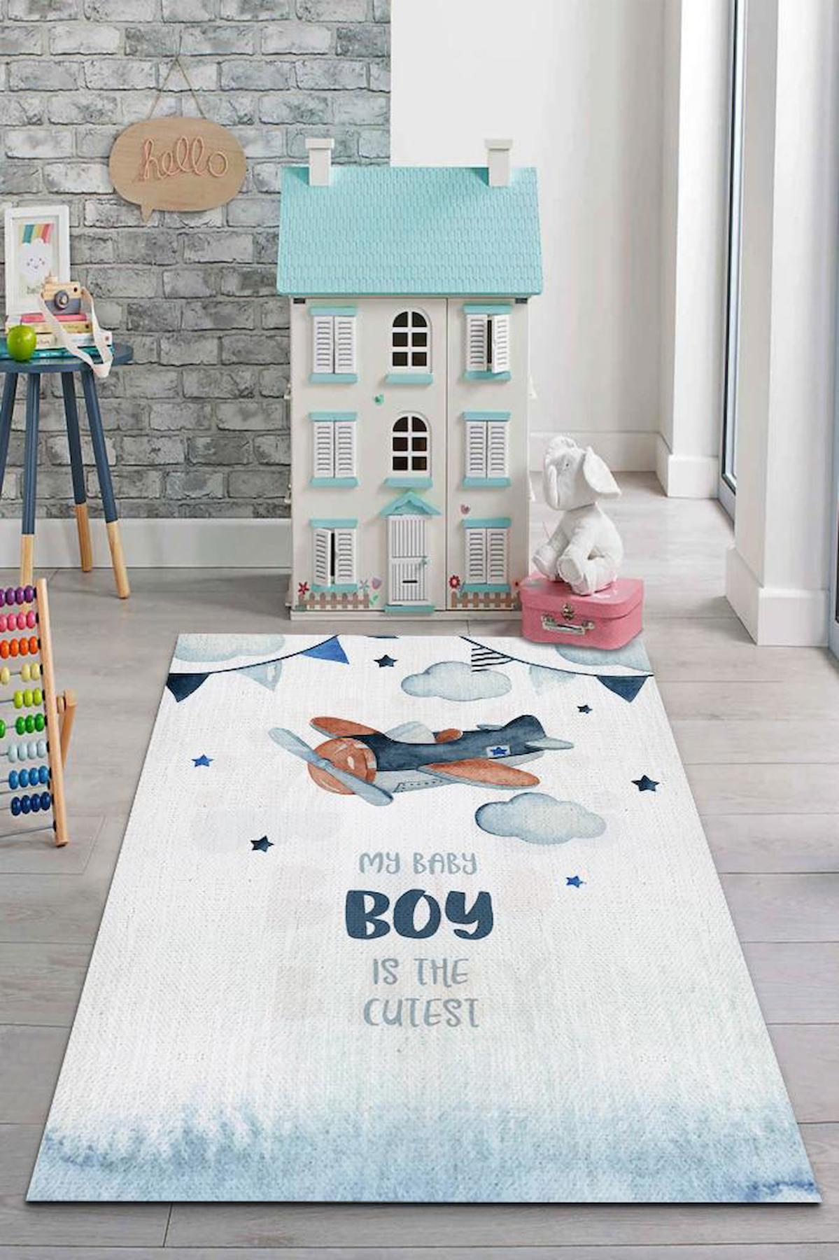 Homshtag Tatlı Oğlum Krem 4 mm Pamuk Antistatik Yıkanabilir İnce Kaymaz Dikdörtgen Makine Dokuma Çocuk Odası Halısı 120x180 cm