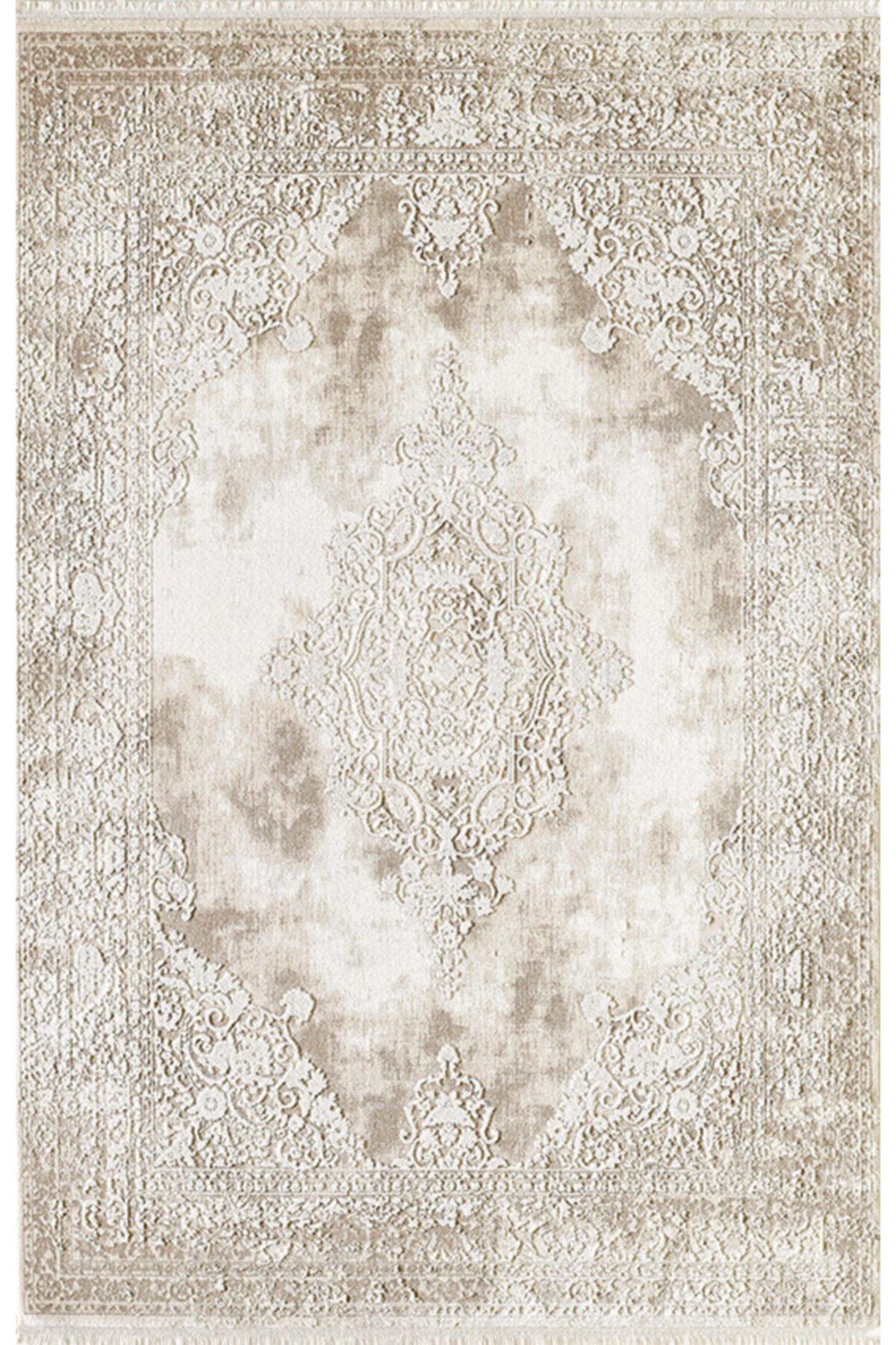 Royal Halı Lootus L012A Krem 10 mm Viskon Toz Tutmaz Yıkanabilir Kalın Kaymaz Lateks Taban Dikdörtgen Makine Dokuma Salon Halısı 60x100 cm