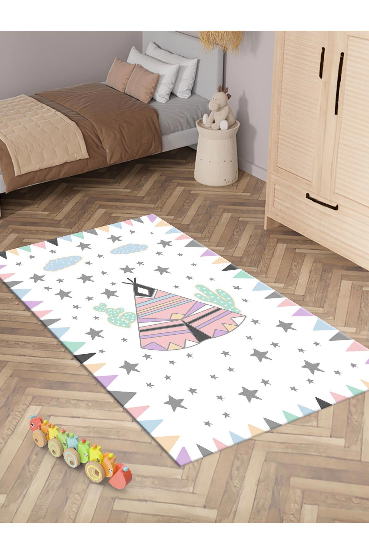 İnspira Krem 12 mm Polyester Toz Tutmaz Yıkanabilir Kalın Kaymaz Lateks Taban Dikdörtgen Makine Dokuma Çocuk Odası Halısı 120x160 cm