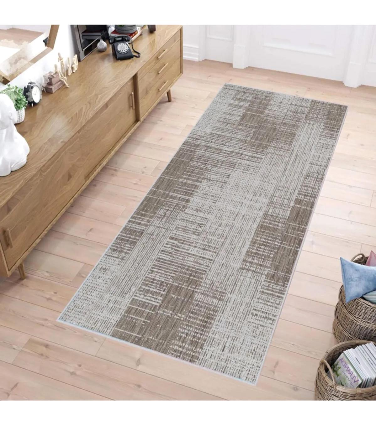 Rovigo Home RVG1691 Gri 8 mm Polyester Antibakteriyel-Leke Tutmaz-Toz Tutmaz Yıkanabilir İnce Kaymaz Dot Taban Dikdörtgen Makine Dokuma Salon Halısı 100x300 cm