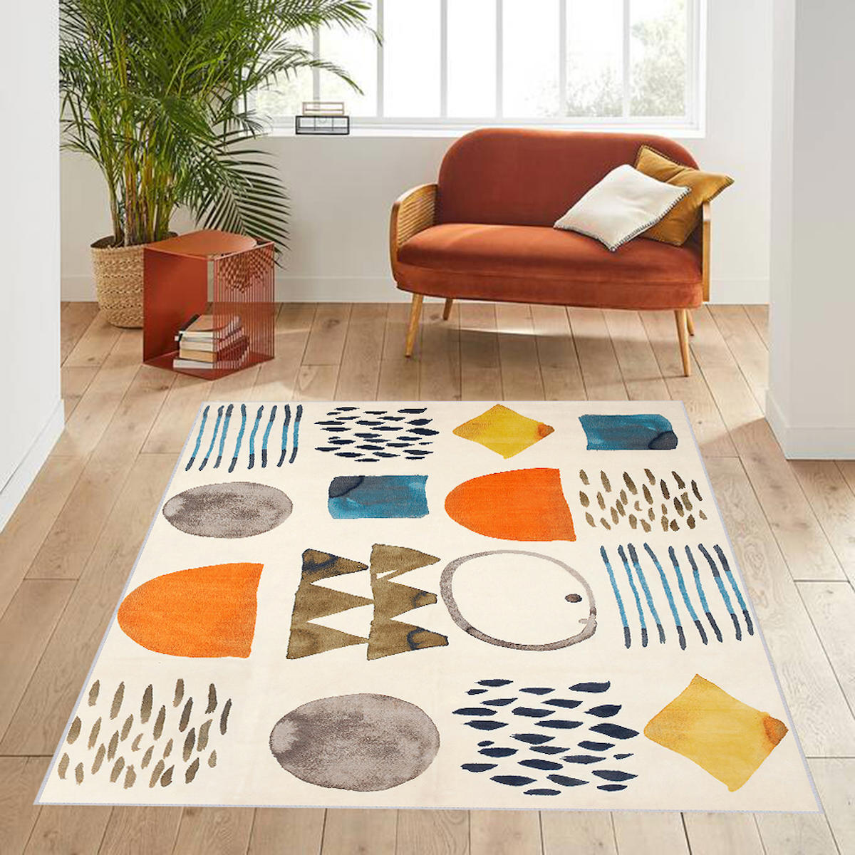 Rovigo Home RVG0588 Çok Renkli 8 mm Polyester Antibakteriyel-Leke Tutmaz-Toz Tutmaz Yıkanabilir İnce Kaymaz Dot Taban Dikdörtgen Makine Dokuma Salon Halısı 140x200 cm