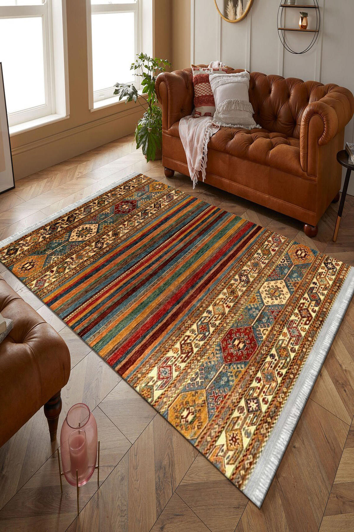 Kreatif Halı Çok Renkli 4 mm Polyester Antibakteriyel Yıkanabilir İnce Kaymaz Kare Makine Dokuma Balkon Halısı 80x150 cm
