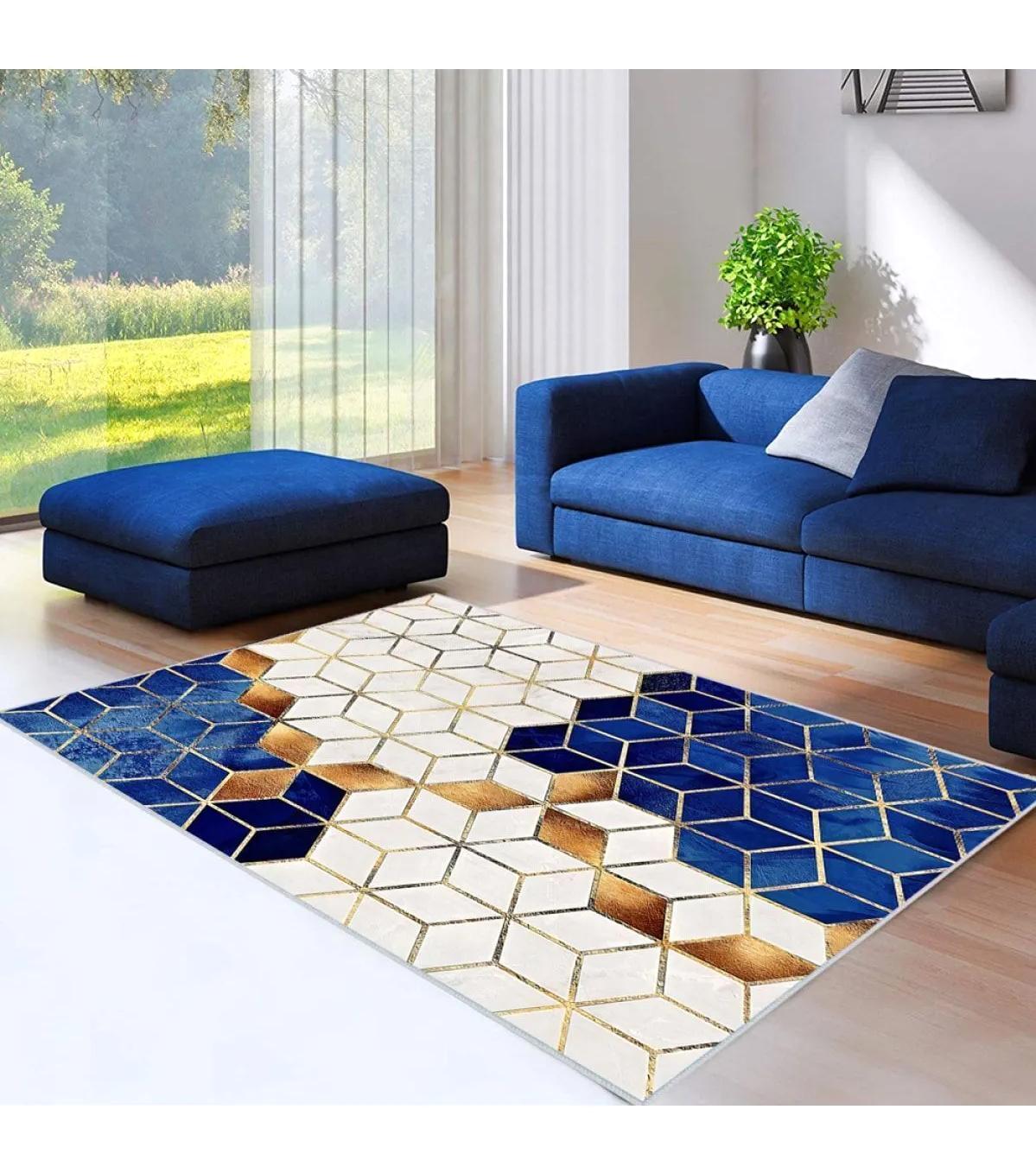 Rovigo Home RVG0418 Bej - Mavi 8 mm Polyester Antibakteriyel-Leke Tutmaz-Toz Tutmaz Yıkanabilir İnce Kaymaz Dot Taban Dikdörtgen Makine Dokuma Salon Halısı 100x150 cm
