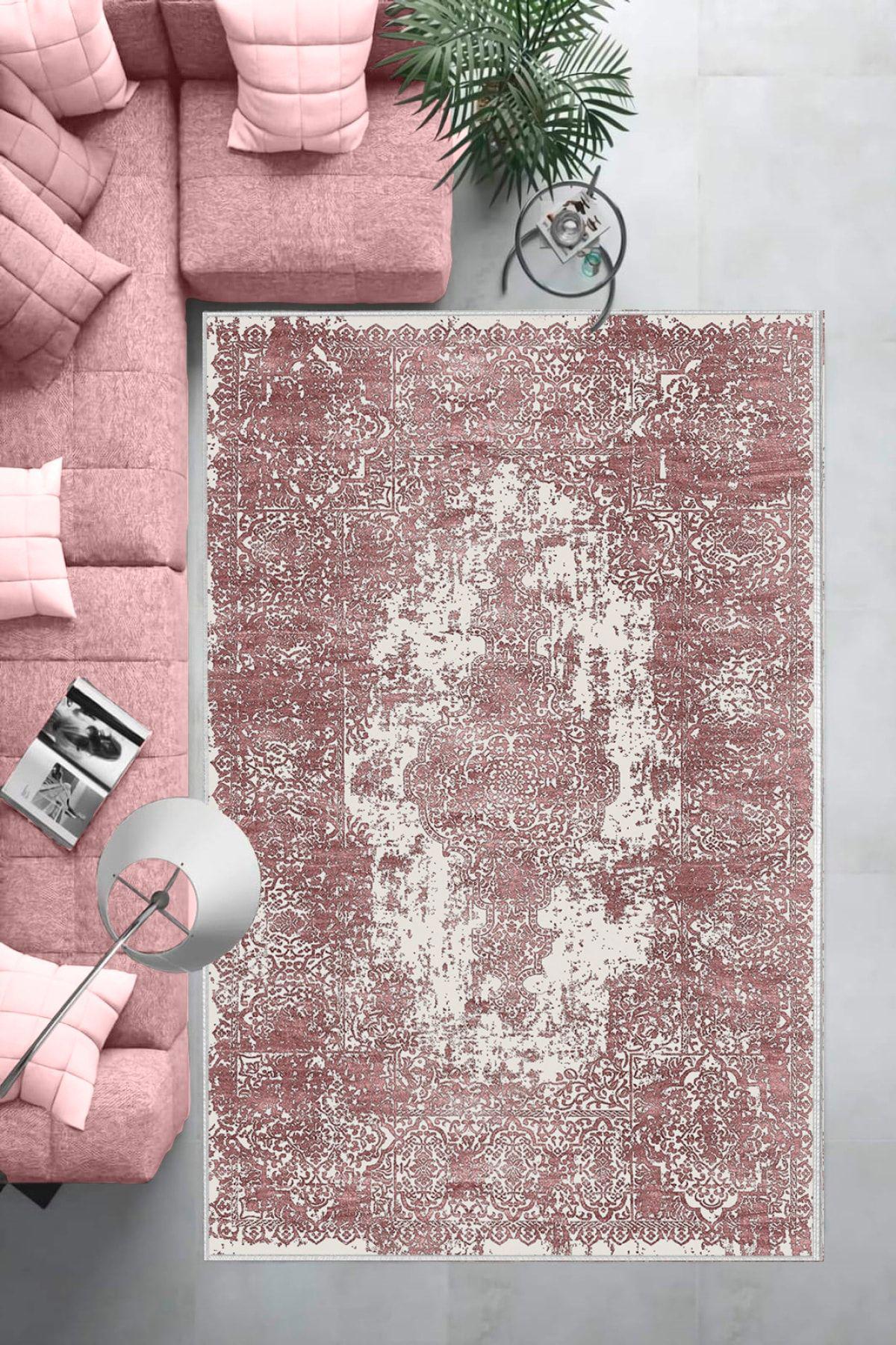 Aldora E4172 Pembe 9 mm Deri Antibakteriyel Yıkanabilir İnce Kaymaz Dot Taban Dikdörtgen Makine Dokuma Salon Halısı 120x180 cm