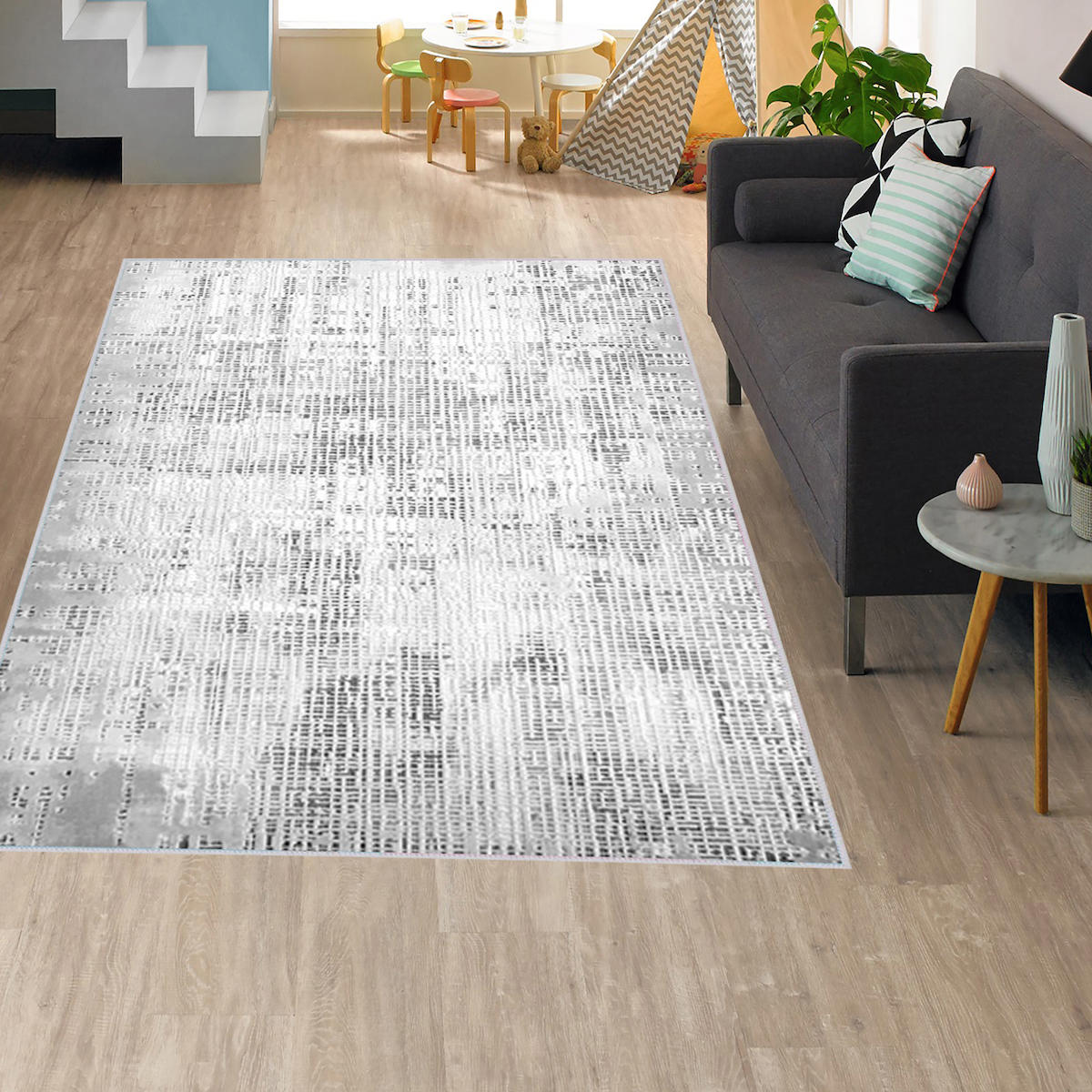 Rovigo Home RVG1636-HT1348 Gri 8 mm Polyester Antibakteriyel-Leke Tutmaz-Toz Tutmaz Yıkanabilir İnce Kaymaz Dot Taban Dikdörtgen Makine Dokuma Salon Halısı 160x230 cm