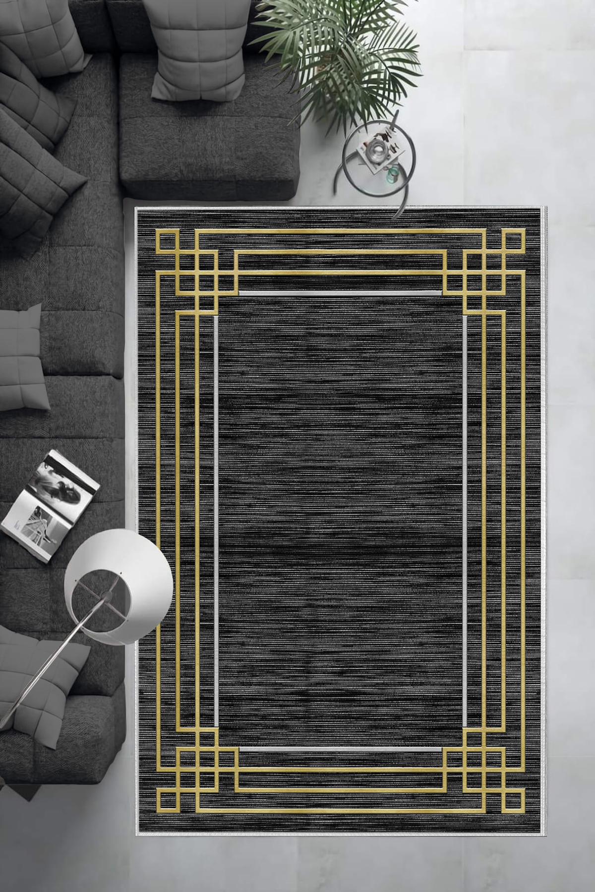 Aldora Altın-Siyah 0.8 mm Polipropilen Yıkanabilir Orta Kaymaz Deri Taban Dikdörtgen Makine Dokuma Salon Halısı 120x180 cm