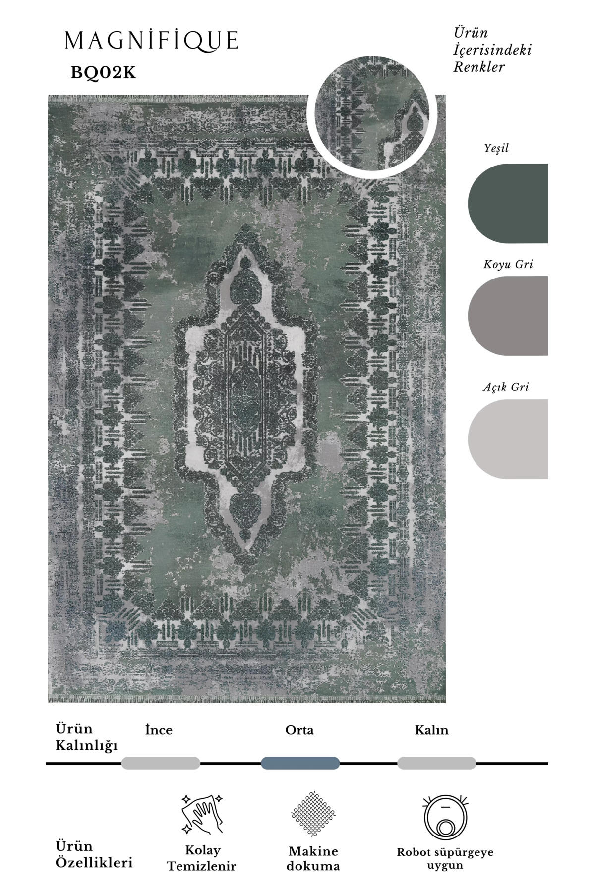 Pierre Cardin Magnifique Gri-Yeşil 6 mm İpek Yumuşak Yıkanabilir İnce Kaymaz Dikdörtgen Makine Dokuma Salon Halısı 80x400 cm
