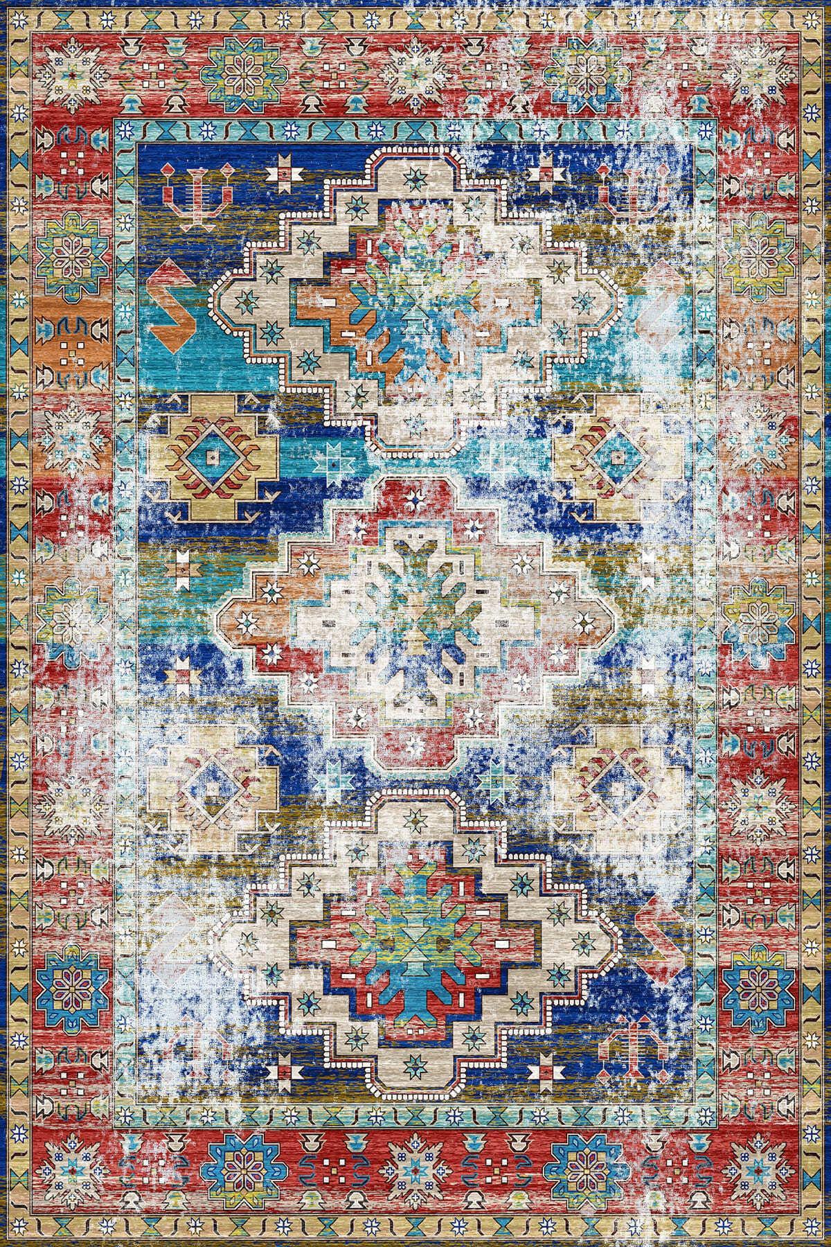 Halı Atölyesi HK030 Çok Renkli 5 mm Pamuk Yıkanabilir Kaymaz Taban Dikdörtgen Makine Dokuma Salon Halısı 80x150 cm