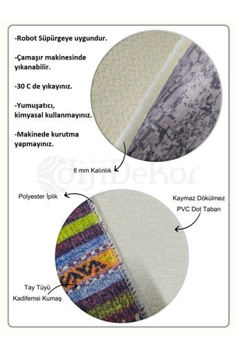 Dijidekor K1280 Bej-Gri 7 mm Polipropilen Antibakteriyel Yıkanabilir Orta Kaymaz Dot Taban Oval Makine Dokuma Salon Halısı 160x160 cm