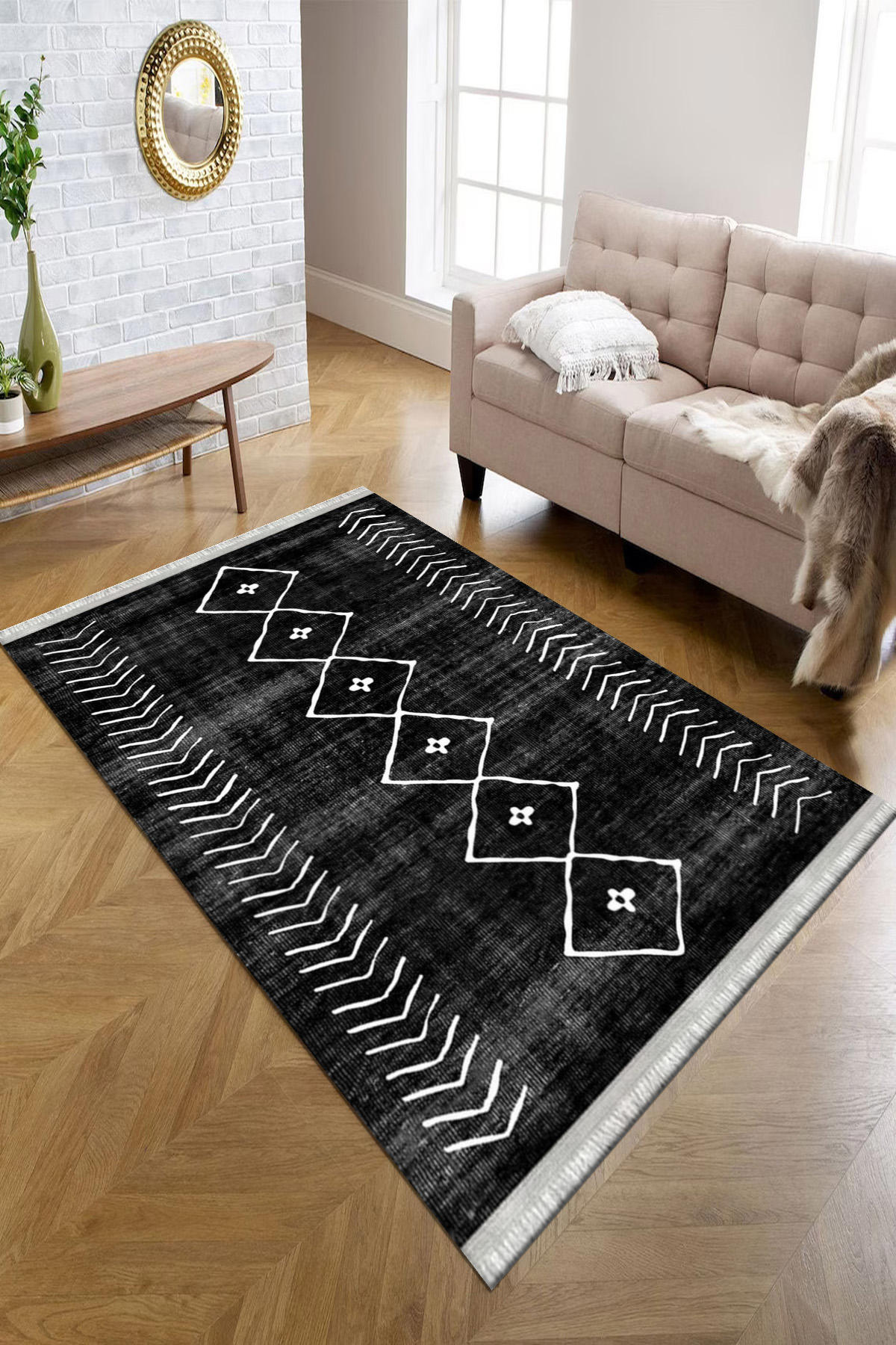 Kreatif Halı Krem 4 mm Polyester Antibakteriyel Yıkanabilir İnce Kaymaz Dikdörtgen Makine Dokuma Salon Halısı 100x300 cm