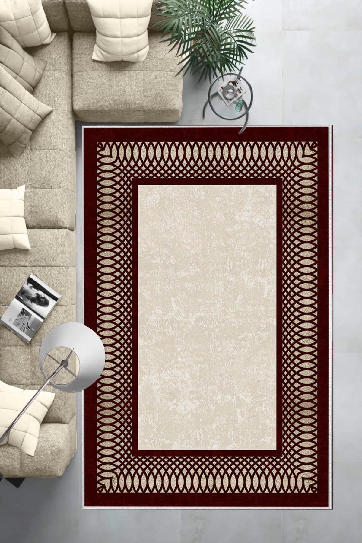 Aldora B1231 Bordo - Krem 9 mm Deri Leke Tutmaz-Toz Tutmaz Yıkanabilir Orta Kaymaz Suni Deri Taban Dikdörtgen Makine Dokuma Salon Halısı 140x300 cm