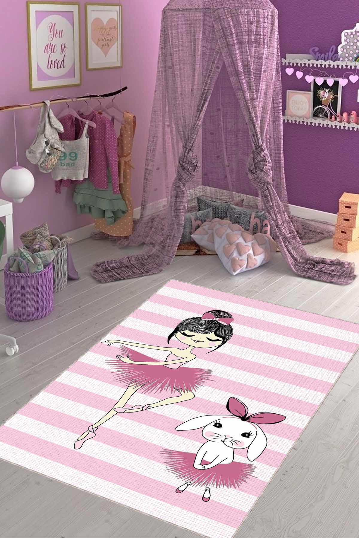 Viva Home KD114 Pembe 7 mm Mikropolyester Leke Tutmaz Yıkanabilir İnce Kaymaz Dot Taban Dikdörtgen Makine Dokuma Çocuk Odası Halısı 120x180 cm
