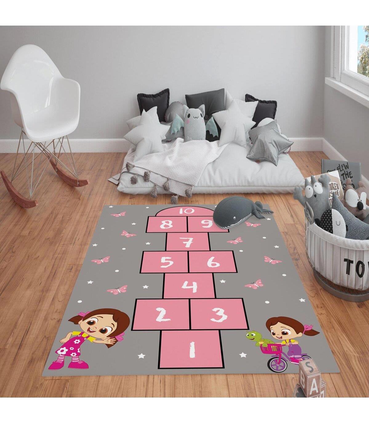 Doruklar Home Collection Gri-Pembe 0.7 mm Polyester Antibakteriyel Yıkanabilir Kalın Kaymaz Taban Dikdörtgen Makine Dokuma Çocuk Odası Halısı 120x170 cm