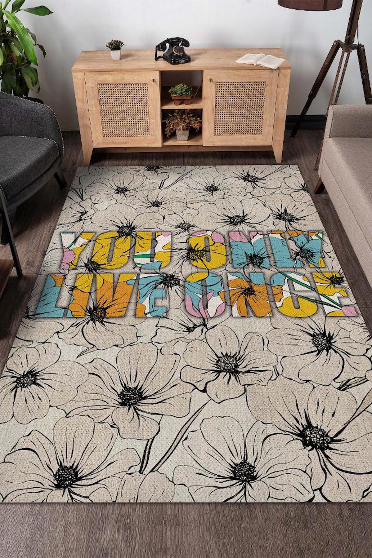 Homshtag Bir Kez Yaşıyorsun Krem 4 mm Pamuk Antistatik Yıkanabilir İnce Kaymaz Dikdörtgen Makine Dokuma Oturma Odası Halısı 80x150 cm