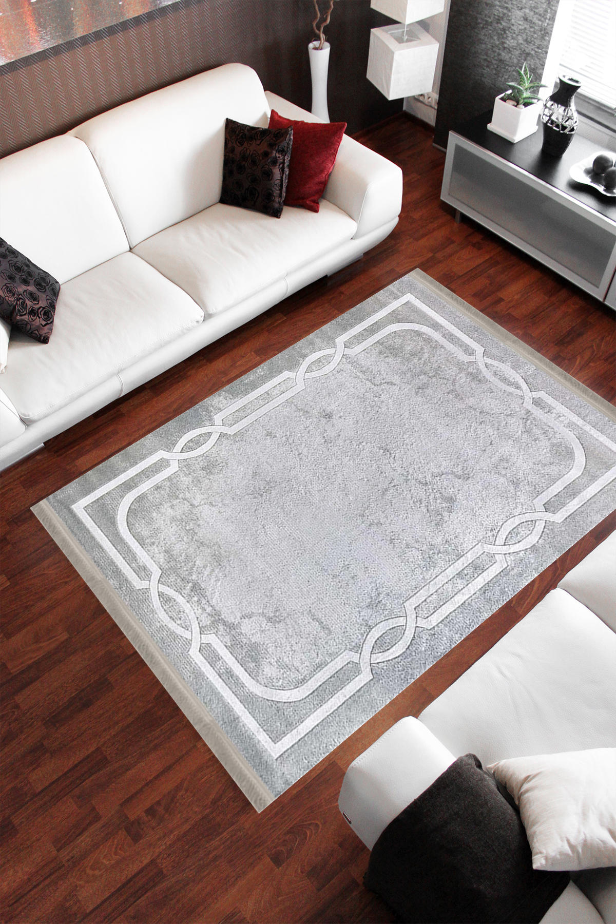 Homier Collection H-KS-3075A Beyaz-Gri 7 mm Pamuk Antibakteriyel Yıkanabilir Orta Kaymaz Dot Taban Dikdörtgen Makine Dokuma Salon Halısı 100x150 cm