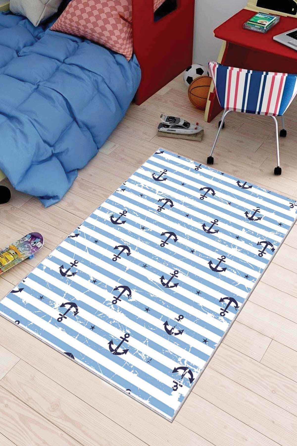 Viva Home AR029 Mavi 7 mm Mikropolyester Leke tutmaz Yıkanabilir İnce Kaymaz Dot Taban Dikdörtgen Makine Dokuma Çocuk Odası Halısı 160x230 cm