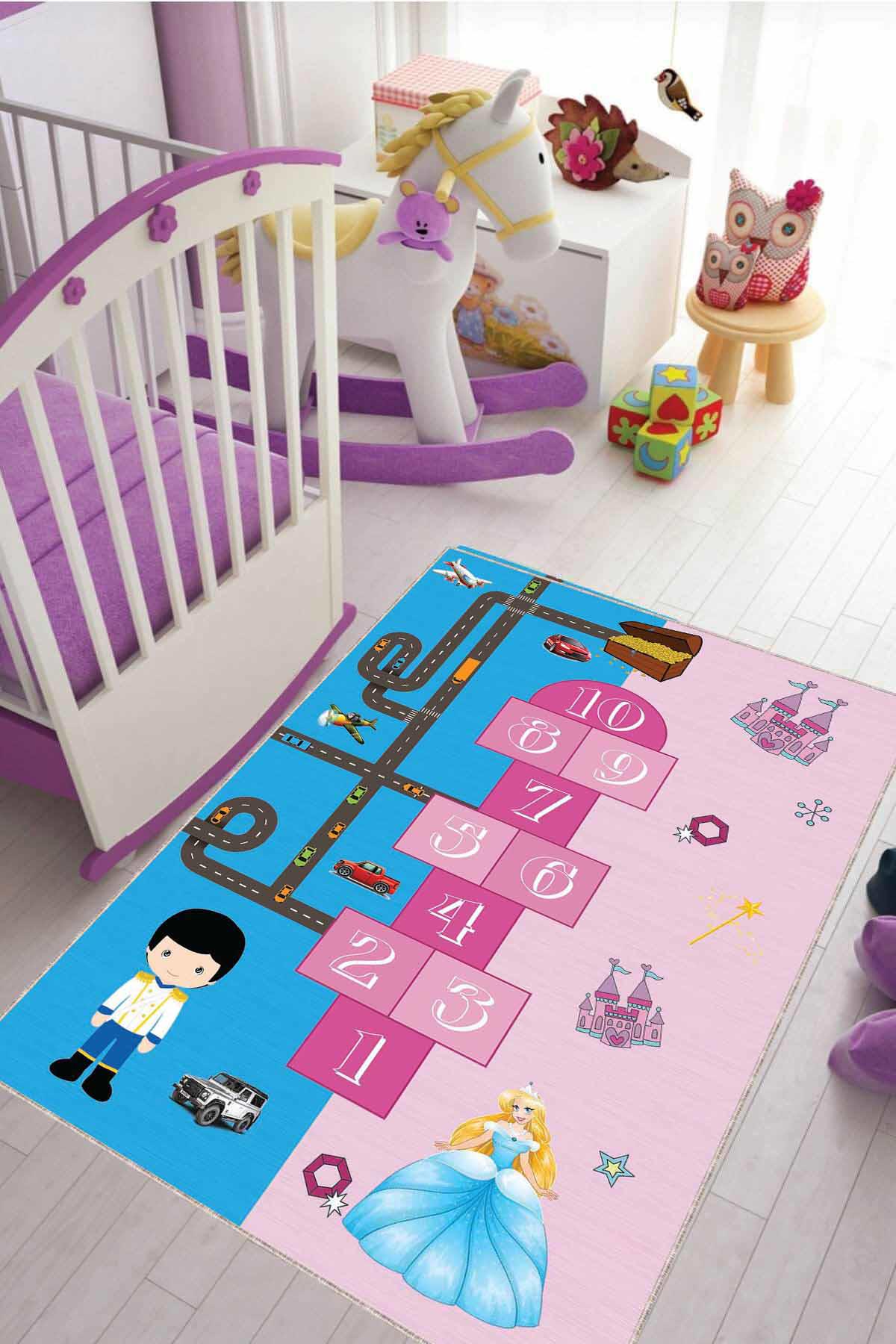 Viva Home KD95 Mavi-Pembe 7 mm Mikropolyester Antibakteriyel Yıkanabilir İnce Kaymaz Lateks Taban Dikdörtgen Makine Dokuma Çocuk Odası Halısı 140x200 cm