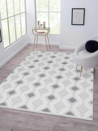 Şehrazat Home 11409 Gri-Krem Pamuk Yıkanabilir İnce Kaymaz Jüt Taban Dikdörtgen Makine Dokuma Salon Halısı 80x300 cm
