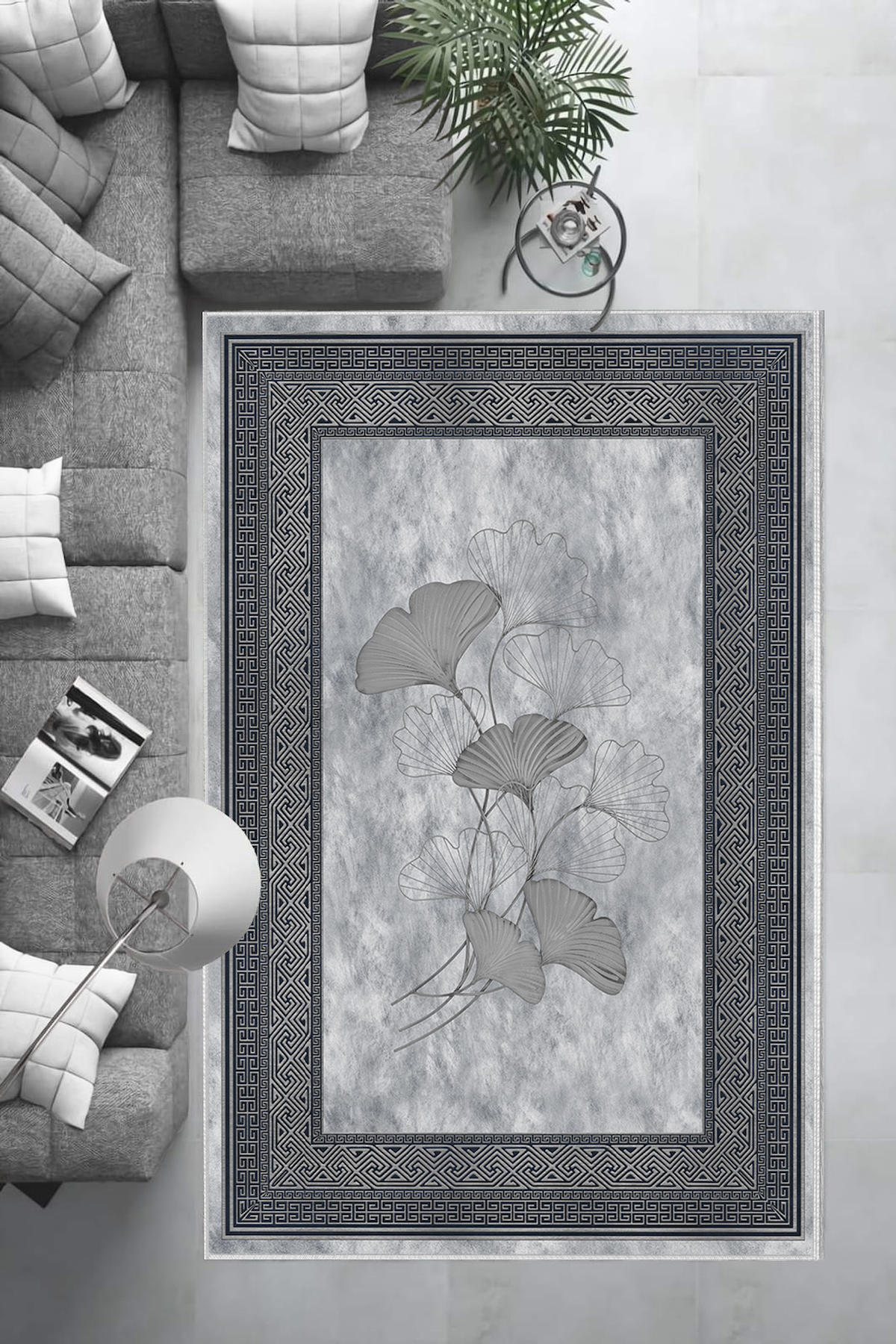 Aldora Krem-Turkuaz 0.8 mm Polipropilen Yıkanabilir Orta Kaymaz Deri Taban Dikdörtgen Makine Dokuma Salon Halısı 160x230 cm