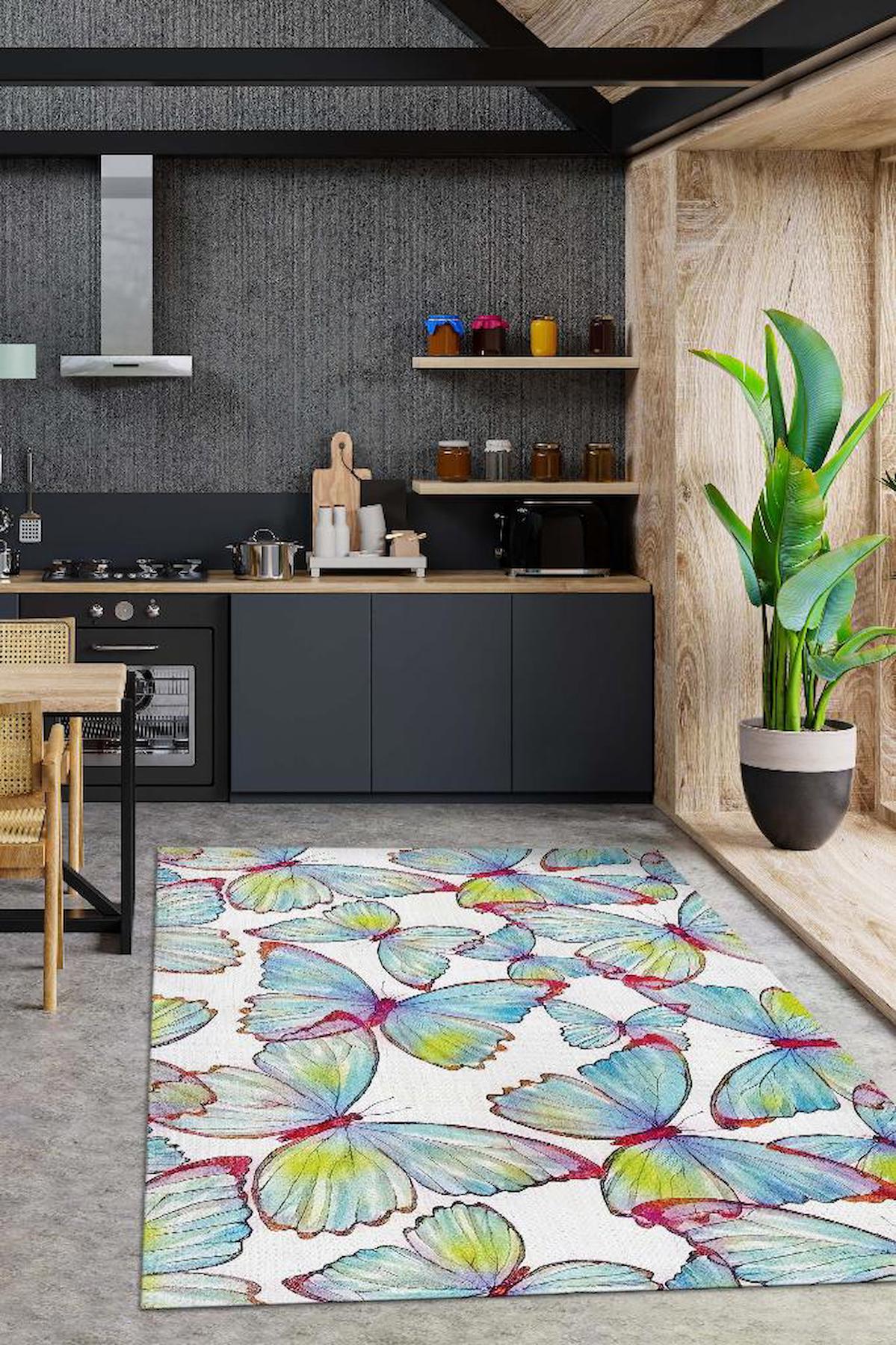 Homshtag Kelebekler Krem 4 mm Pamuk Antistatik Yıkanabilir İnce Kaymaz Dikdörtgen Makine Dokuma Salon Halısı 100x100 cm