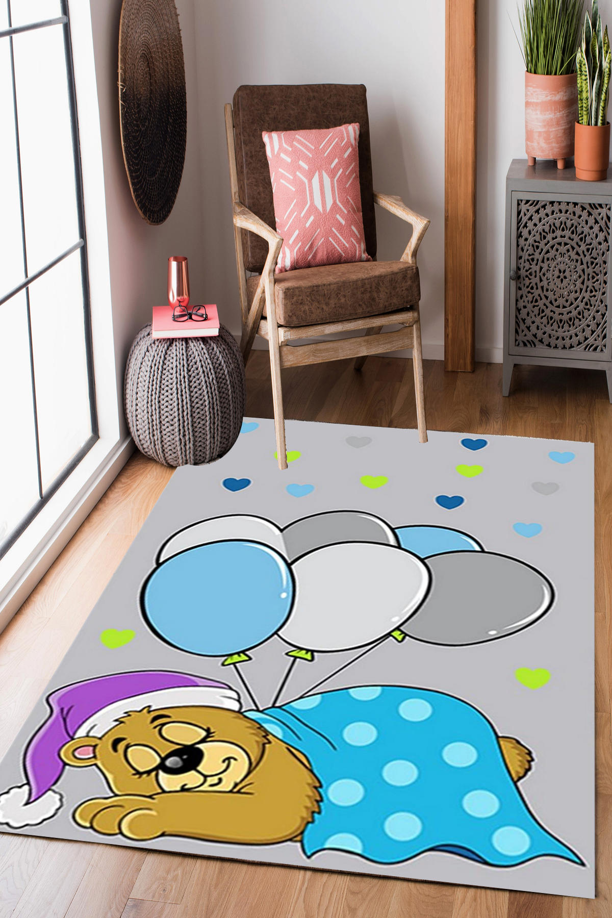 Homier Collection H-CK-10083A Krem 9 mm Pamuk Antibakteriyel Yıkanabilir Orta Kaymaz Dikdörtgen Makine Dokuma Çocuk Odası Halısı 100x180 cm